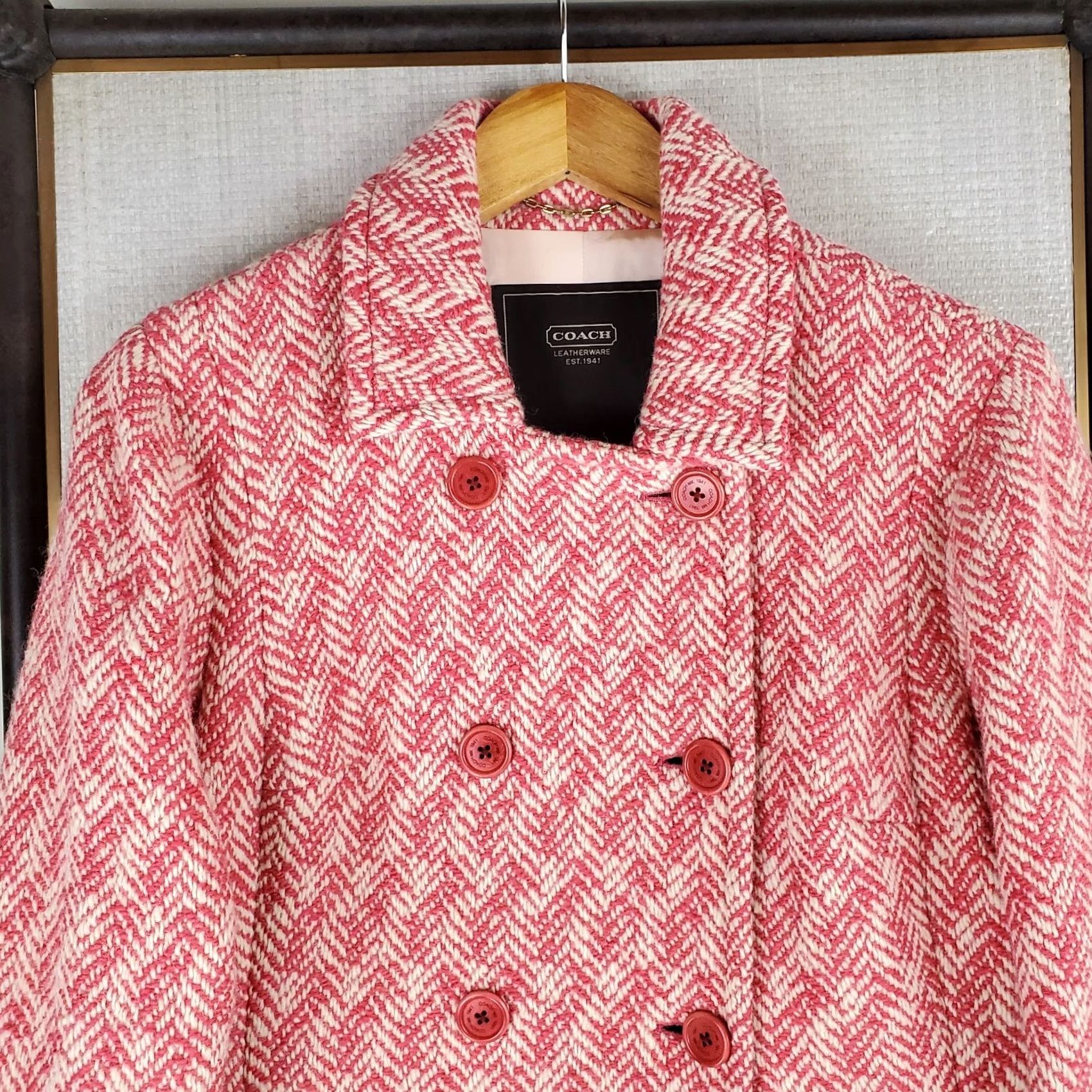 Coach COACH Womens Pea Coat Jacket Pink White Herringbone Wool Mohair Silk Lined Double Breasted Notch Front Pockets Size 6 Womens Size M / US 6-8 / IT 42-44 - 3 Thumbnail