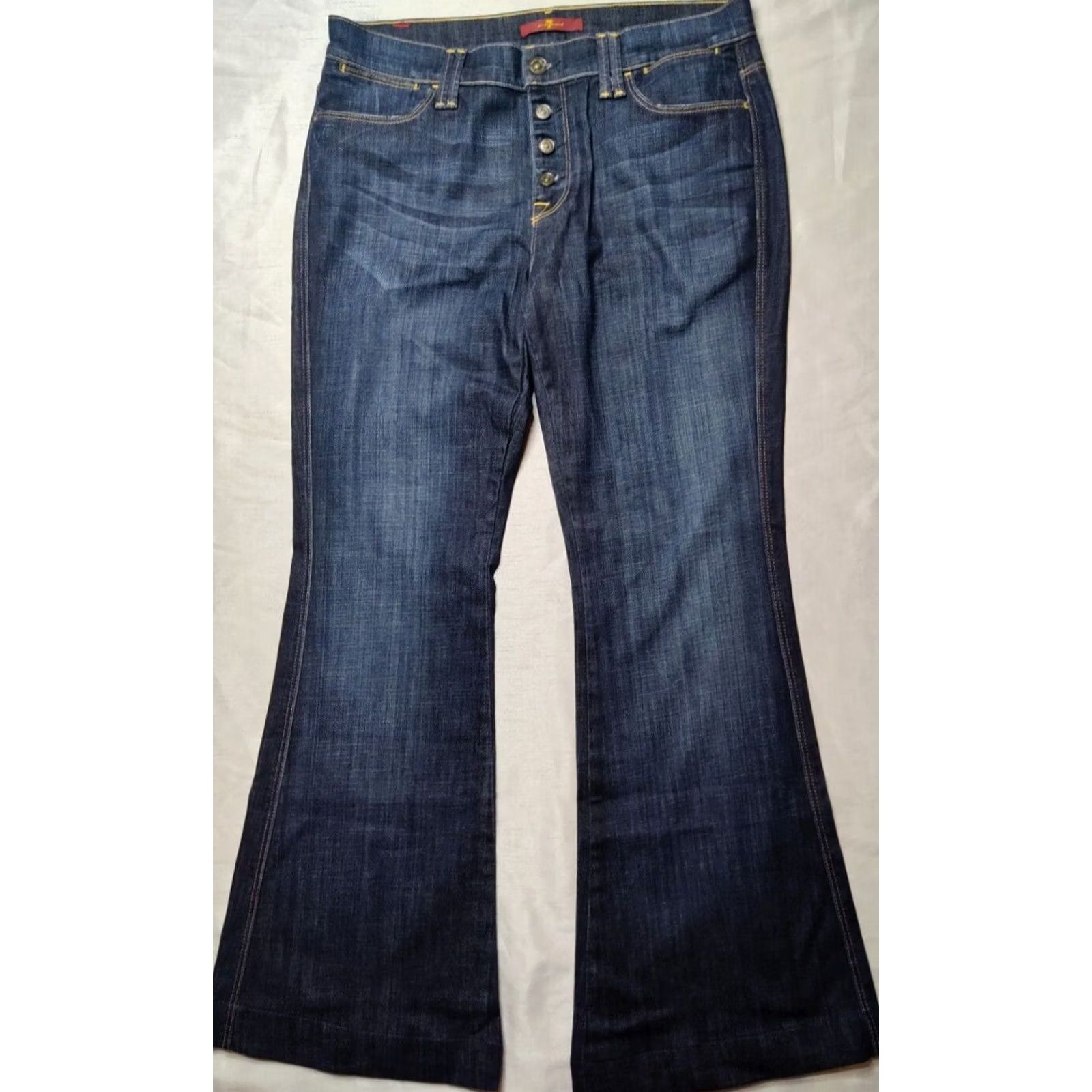 7 For All Mankind 7 FOR ALL MANKIND Women 29 Button Fly Flared Denim Jeans Blue EUC Stretch 30 Inseam, Regular, 6-Pocket, Cotton Spandex, USA Made, Midwest Vintage: No Size 29" - 4 Thumbnail