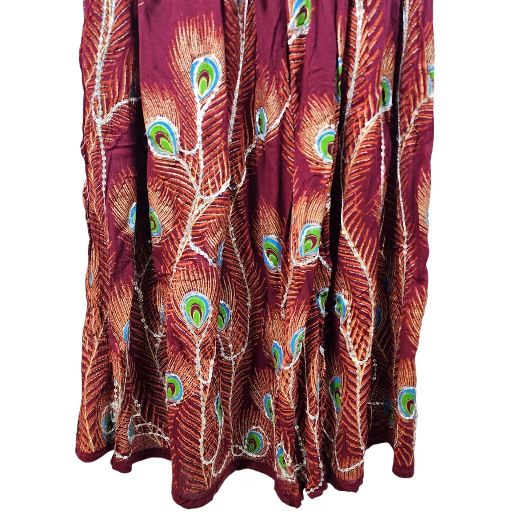 Vintage Boho Broomstick Maxi Skirt Womens M Painted Sequins Peacock Pull On India Size 32" / US 10 / IT 46 - 7 Thumbnail