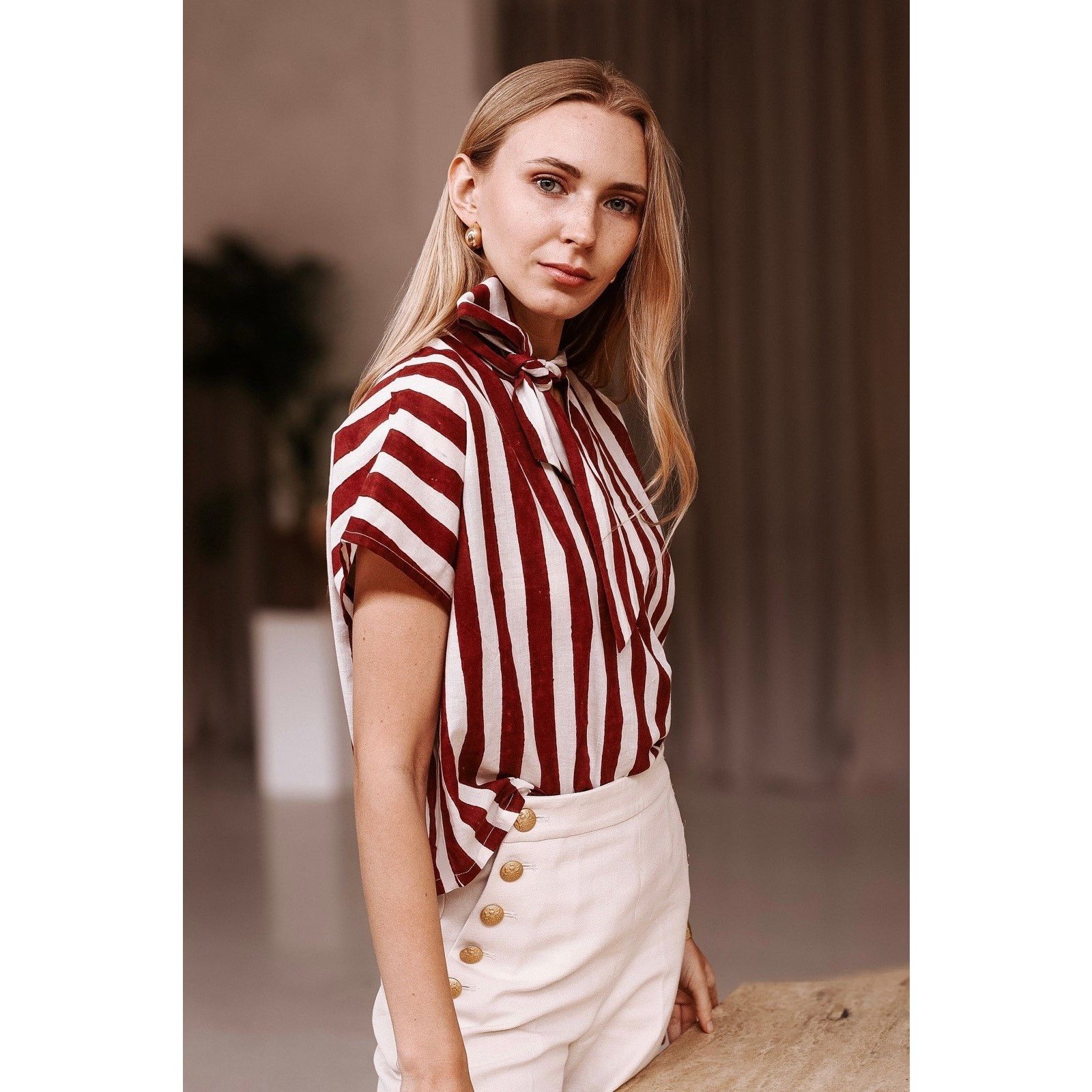 Designer Malabar Collective Red White Stripe MIA Shirt Tie Neck XS/s Size S / US 4 / IT 40 - 2 Thumbnail