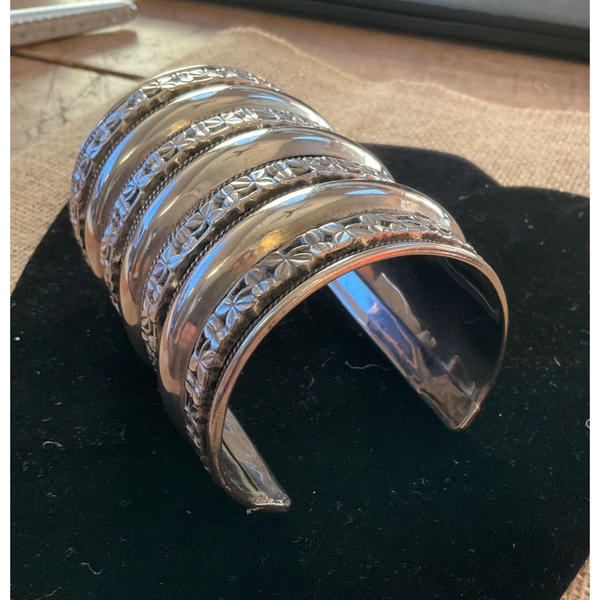 Other Wide Silver Cuff Bracelet With Intricate Floral Pattern Desi Size ONE SIZE - 3 Thumbnail