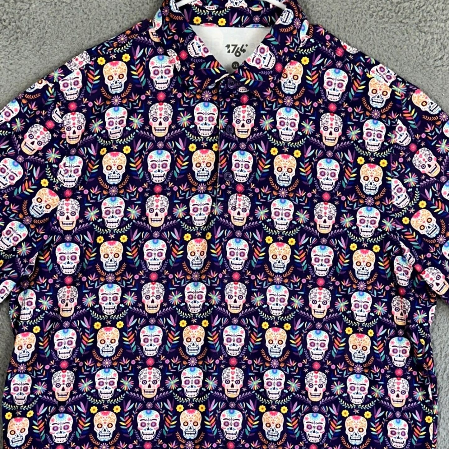 Vintage 1764 Day Of The Dead Polo Shirt Mens XL Purple Floral Golf Rugby EUC Size US XL / EU 56 / 4 - 2 Thumbnail