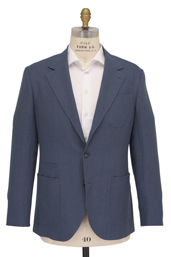 Brunello Cucinelli o1mtch0225 Linen Patch Pocket Sportcoat in Ocean Blue Size US XXL / EU 58 / 5 - 1 Thumbnail