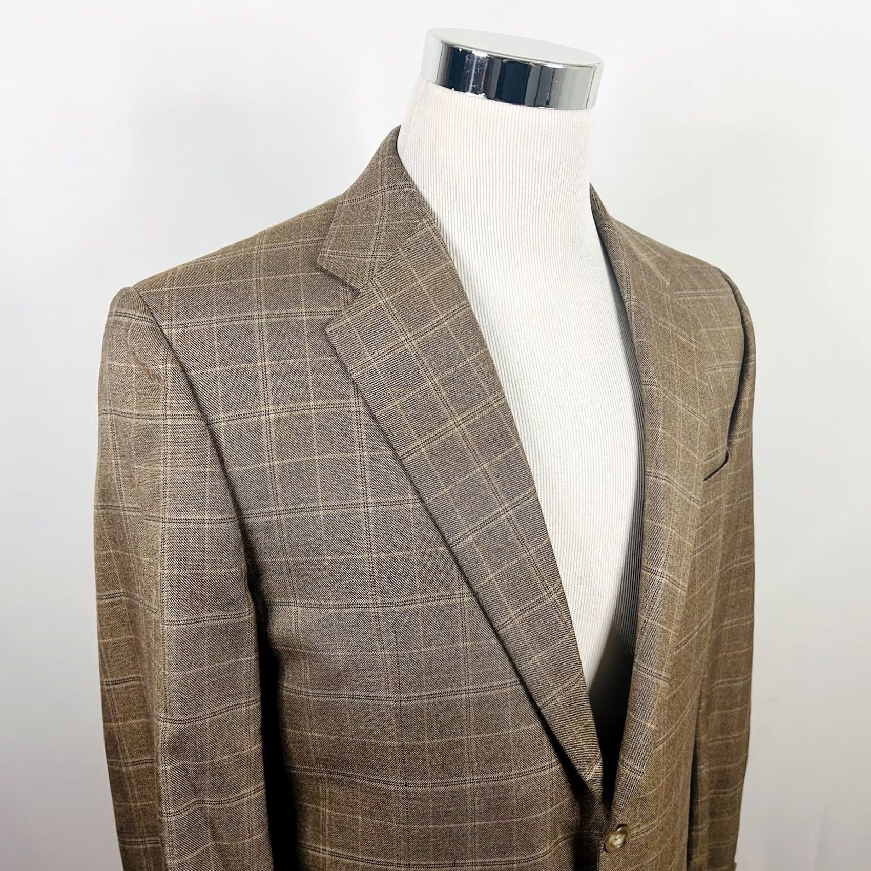 Vintage Hickey Freeman Sport Coat Beige Plaid Wool Silk Two-Button Double Vented 40R Mens Regular Jacket Size US XS / EU 42 / 0 - 2 Thumbnail