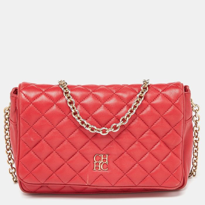 Carolina Herrera CH CAROLINA HERRERA Red Quilted Leather Chain Flap