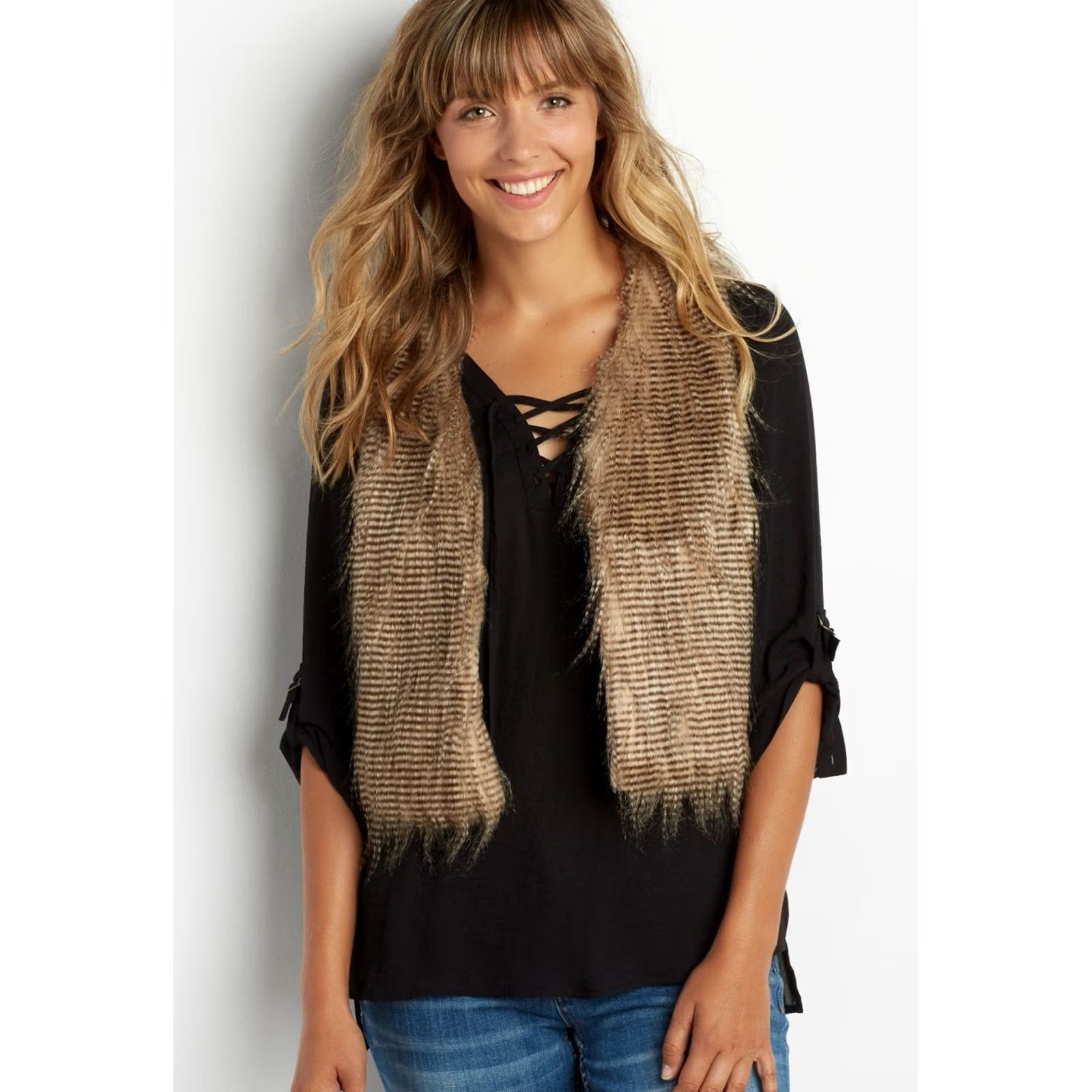 Vintage Maurices Daytrip Women Brown/Tan Striped Faux Fur Cropped Open Front Vest L Size L / US 10 / IT 46 - 2 Thumbnail