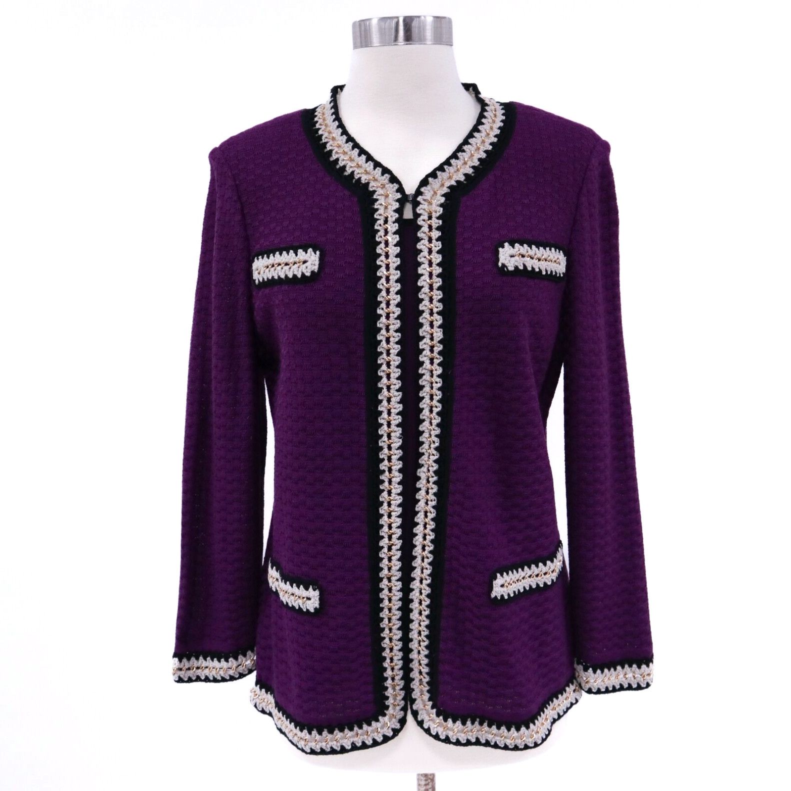 Image of Vintage Ming Wang Cardigan Jacket Shell Top Set New Womens S Small Purple Chain Detail in White