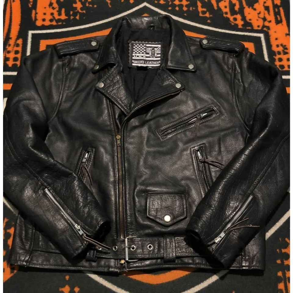 Vintage VTG Leather Jacket Size 46 Men Thick & Resistant Rebel Style Size US L / EU 52-54 / 3 - 1 Thumbnail