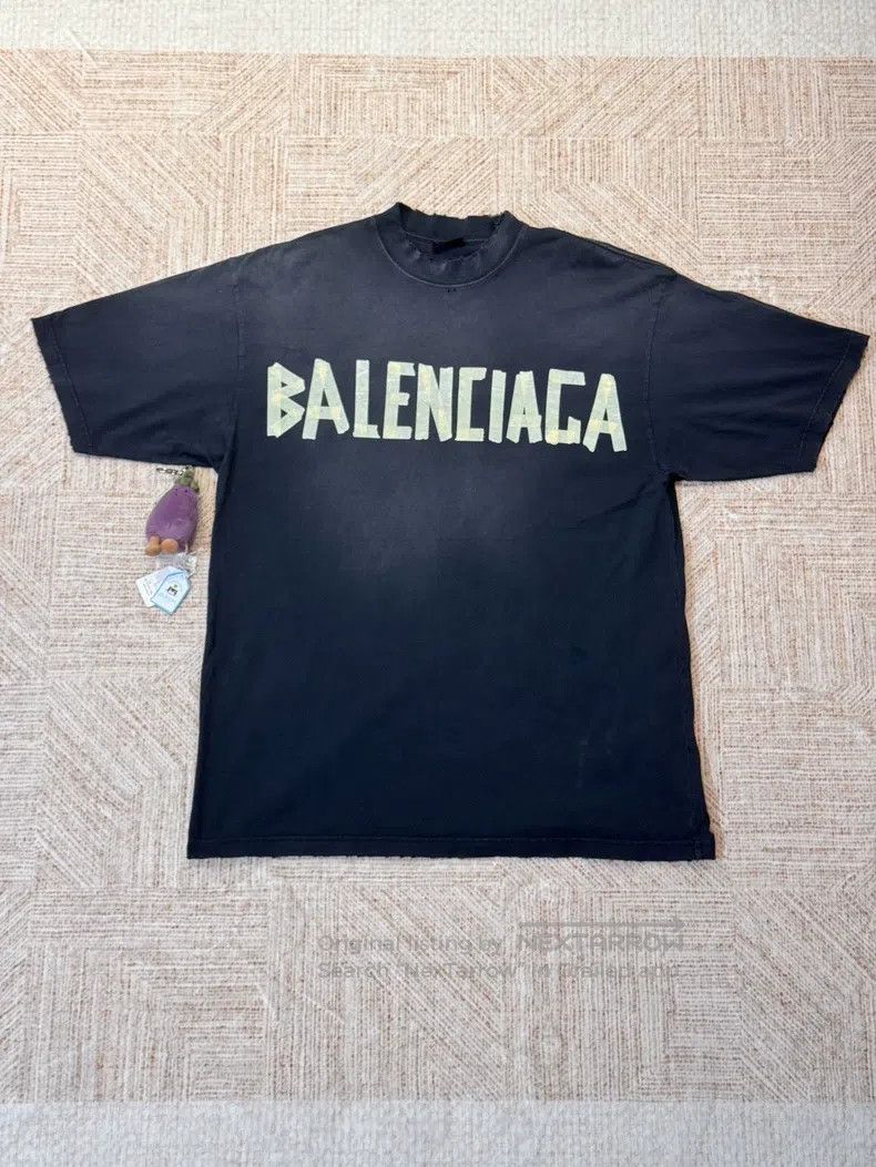 Balenciaga Balenciaga Tape Logo Dark Blue Distressed Short Sleeve - M Size US M / EU 48-50 / 2 - 1 Thumbnail