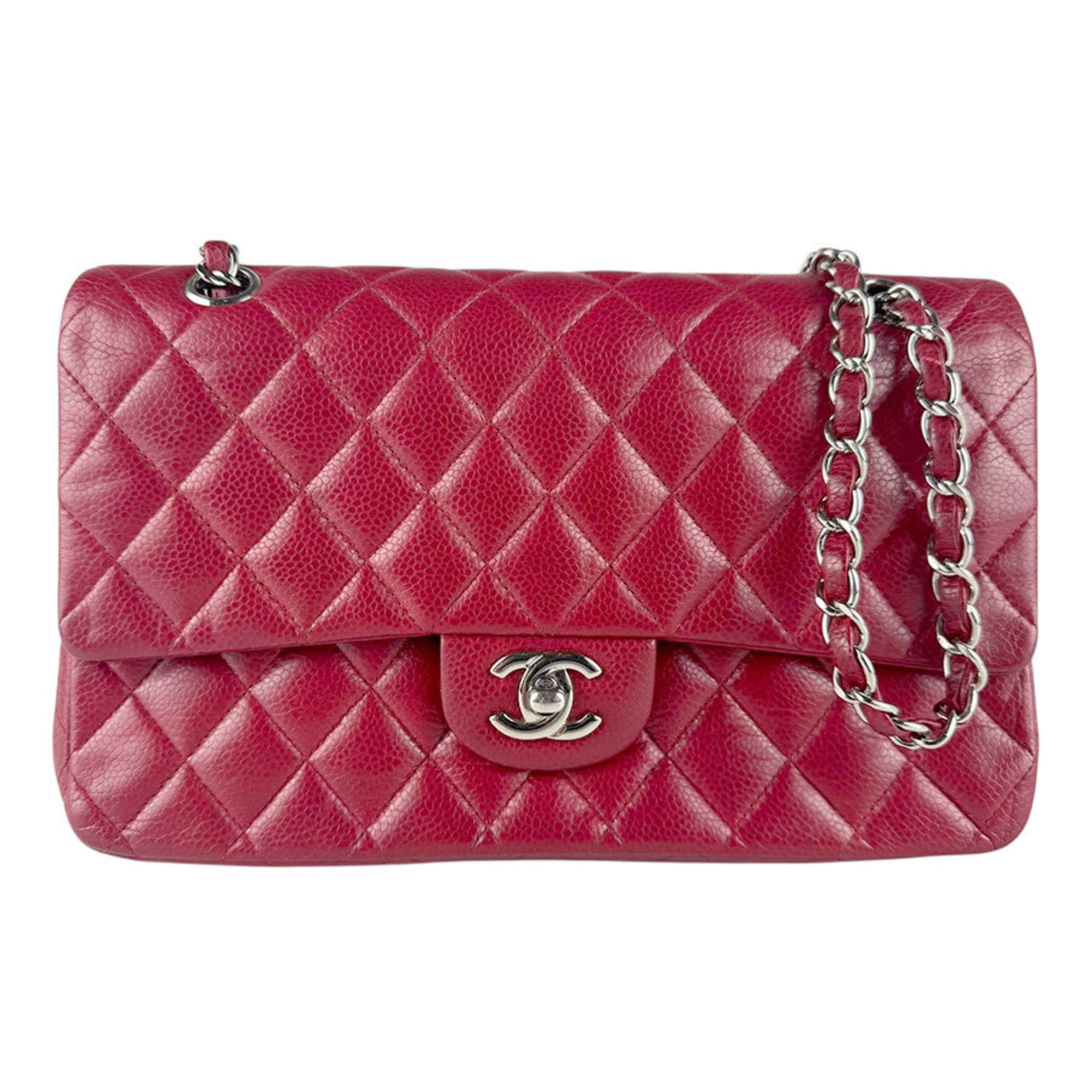 CHANEL Matelasse Double Flap Shoulder Bag in Caviar Leather Dark Red and Silver Women's Z8533