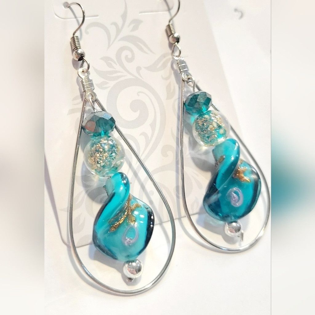 Handmade Twisted Teal, Gold, and Silver Drop Dangle Beaded Earrings Size ONE SIZE - 3 Thumbnail