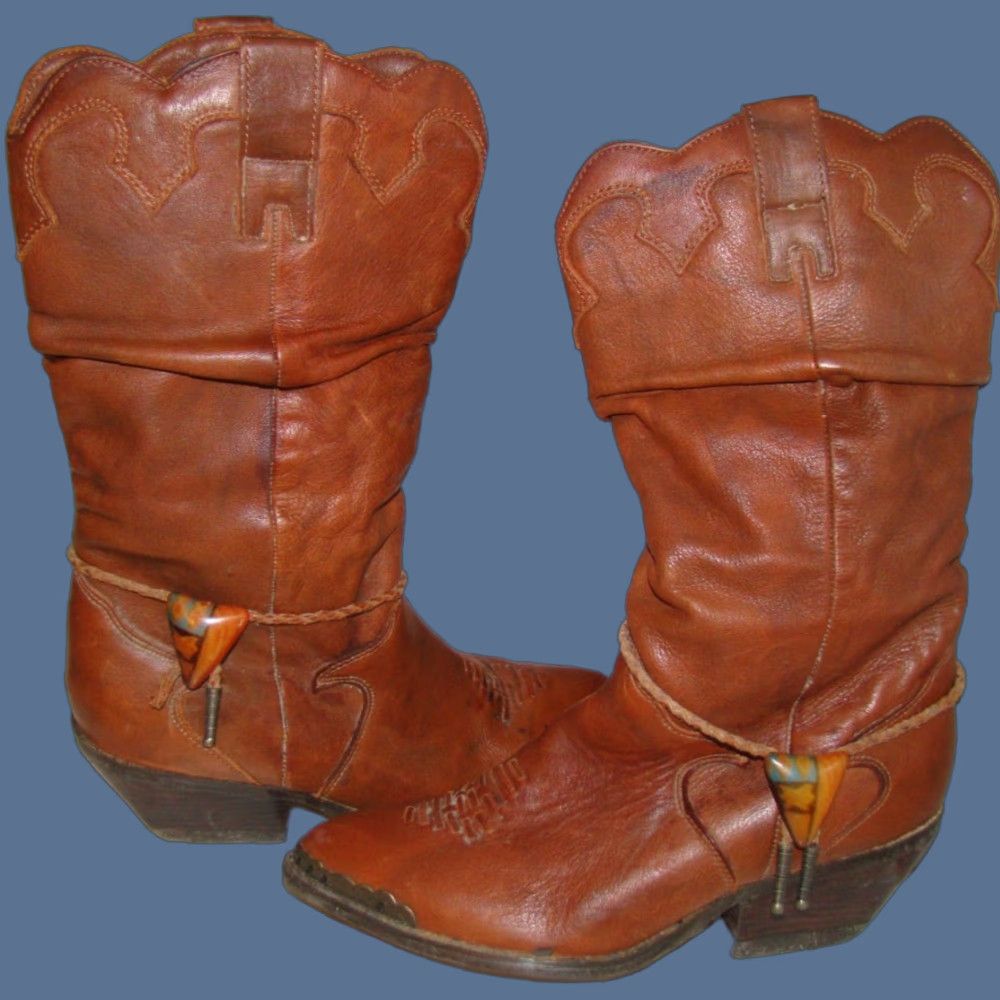 Vintage VINTAGE Zodiac Boots Western Slouch Bolo Tie Toe Cap Brown Leather Women Medium 9M Size ONE SIZE - 1 Thumbnail