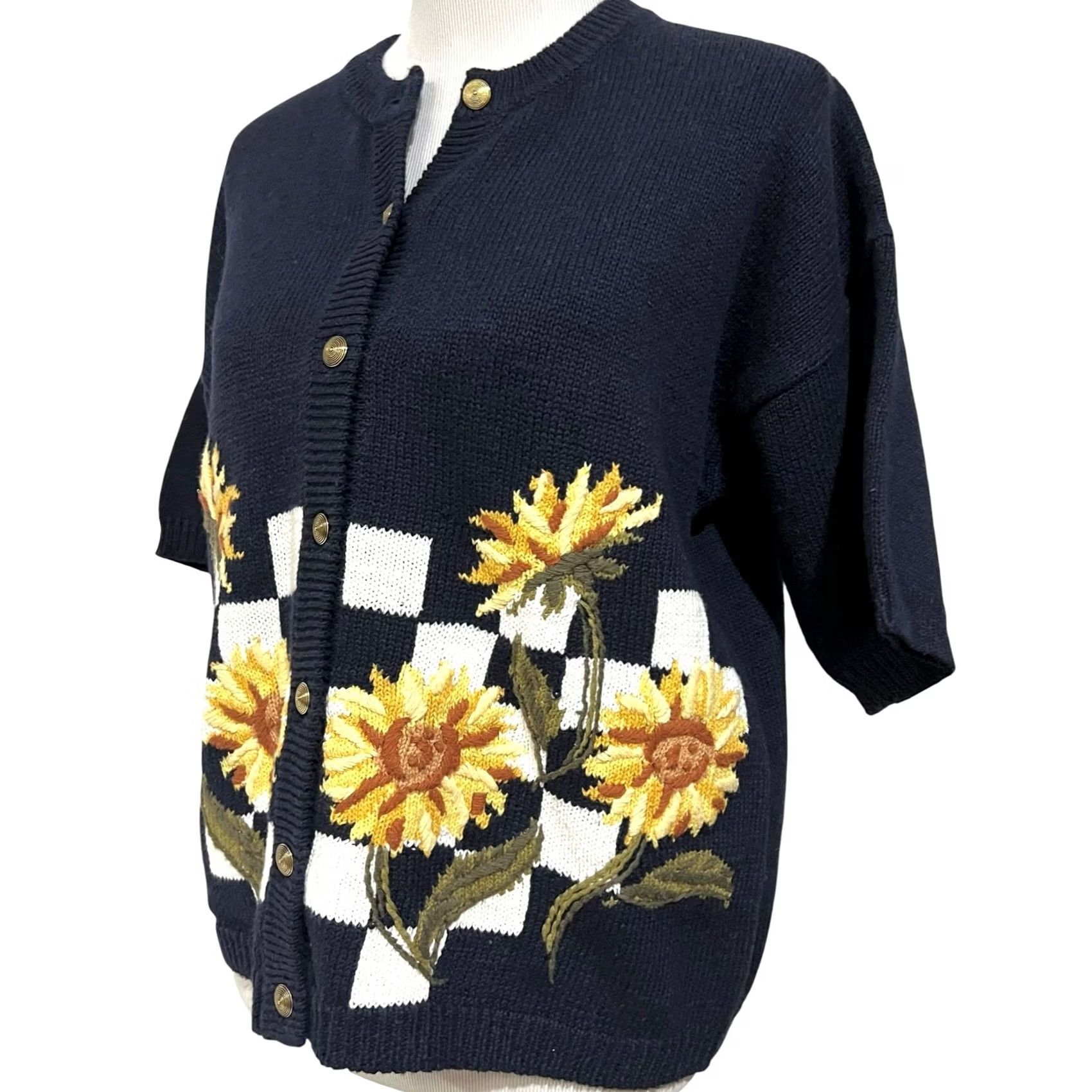 LE CIEL BLEU VINTAGE Sunflowers Navy Blue Gold Buttons Cardigan Sweater 90s Women’s Large L Crew Neck Floral Short Sleeve Size L / US 10 / IT 46 - 2 Thumbnail