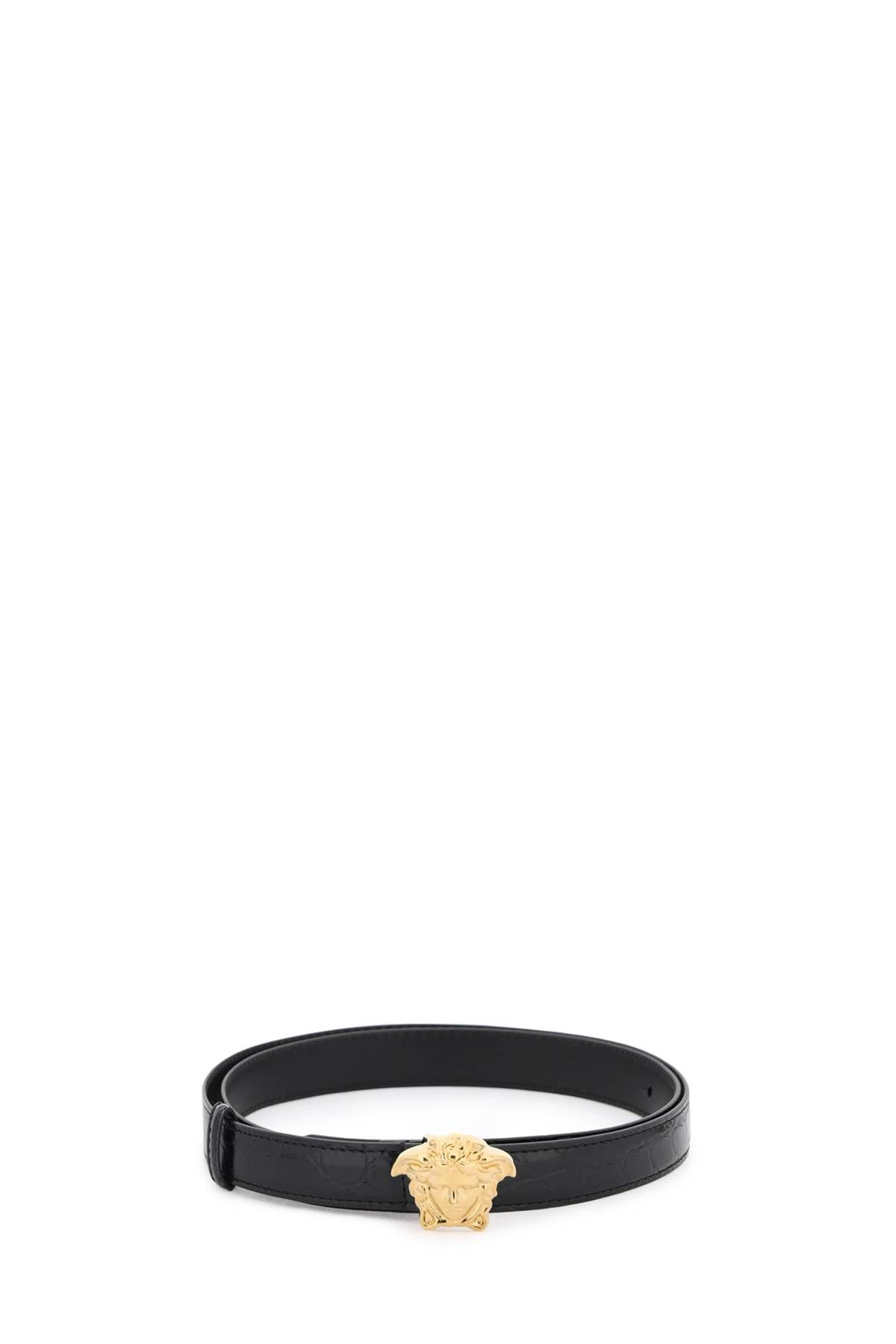 image of Versace La Medusa Croco-Embossed Belt in Black Versace Gold, Women's