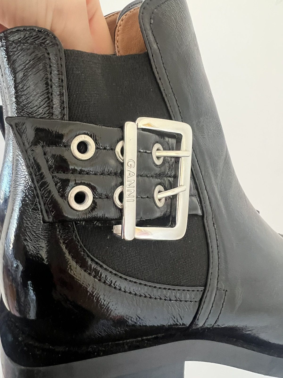 Ganni Ganni Patent Leather Chelsea Boots w/ Buckle Size US 7 / IT 37 - 2 Thumbnail