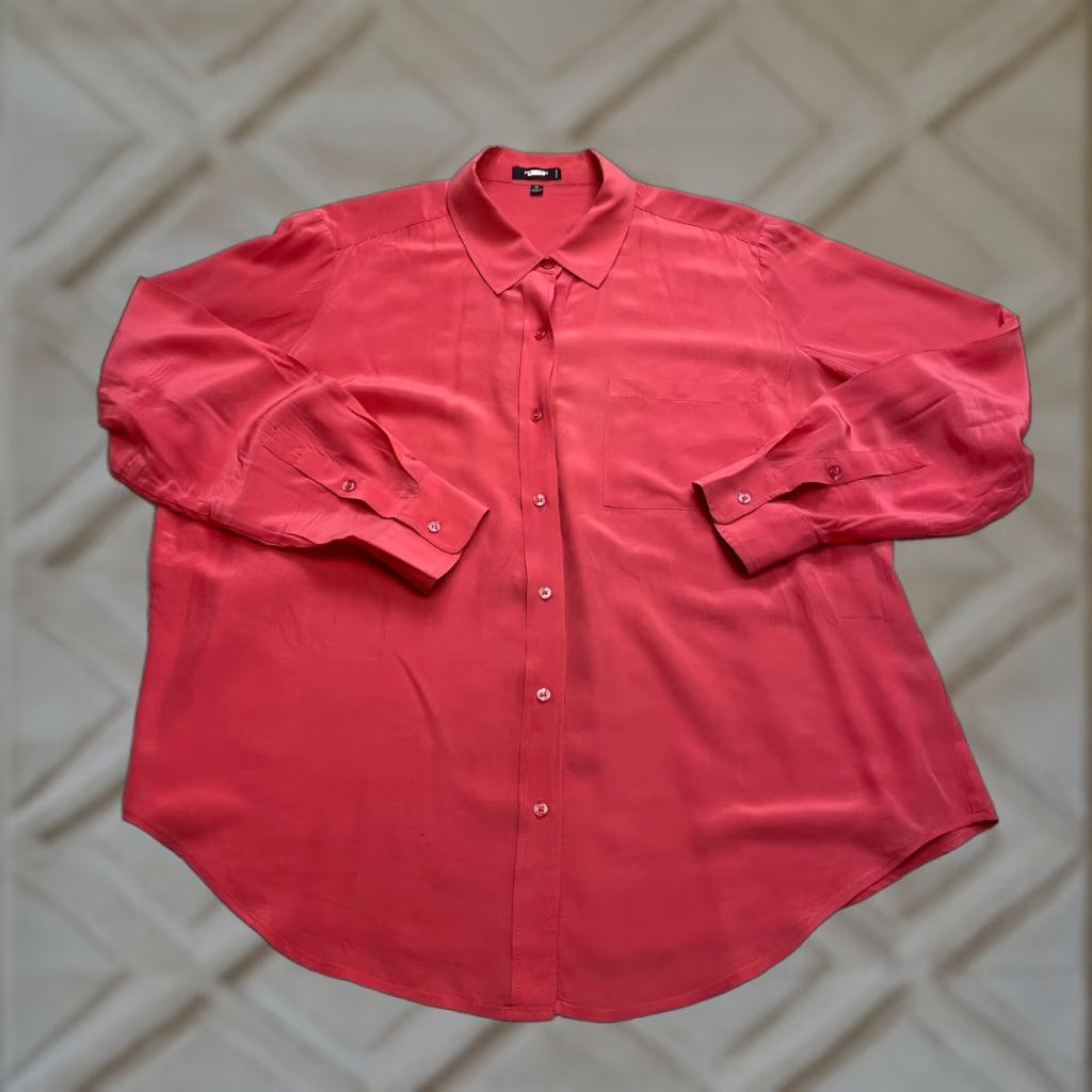 Vintage Premise Button-Up Shirt Womens 1X Plus Silk Long Sleeve Red Light Pink Classic Casual Size XL / US 12-14 / IT 48-50 - 1 Thumbnail