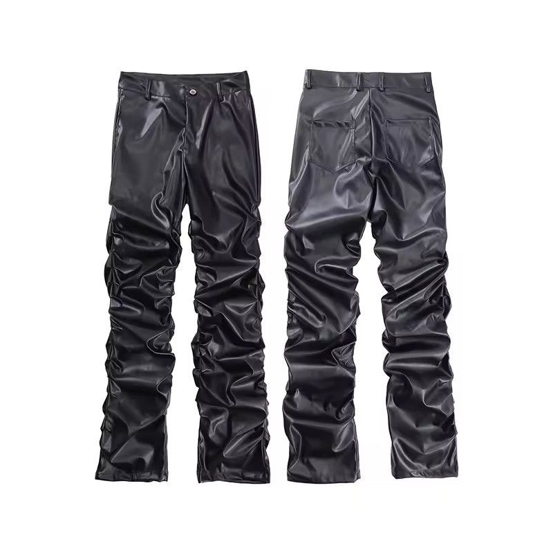 Jean Pleated Pu Leather Pants Streetwear Loose Ruched Casual Size US 32 / EU 48 - 5 Thumbnail