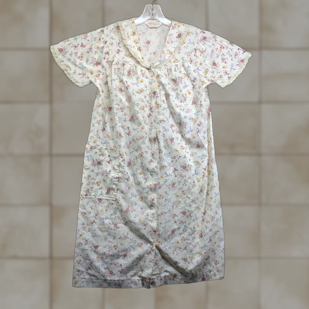 Vintage VINTAGE Women's Komar Floral Dress Casual Short Sleeve Cotton Sheath 80s 70s Retro All Over Pocket Lace Accents Size M / US 6-8 / IT 42-44 - 1 Thumbnail