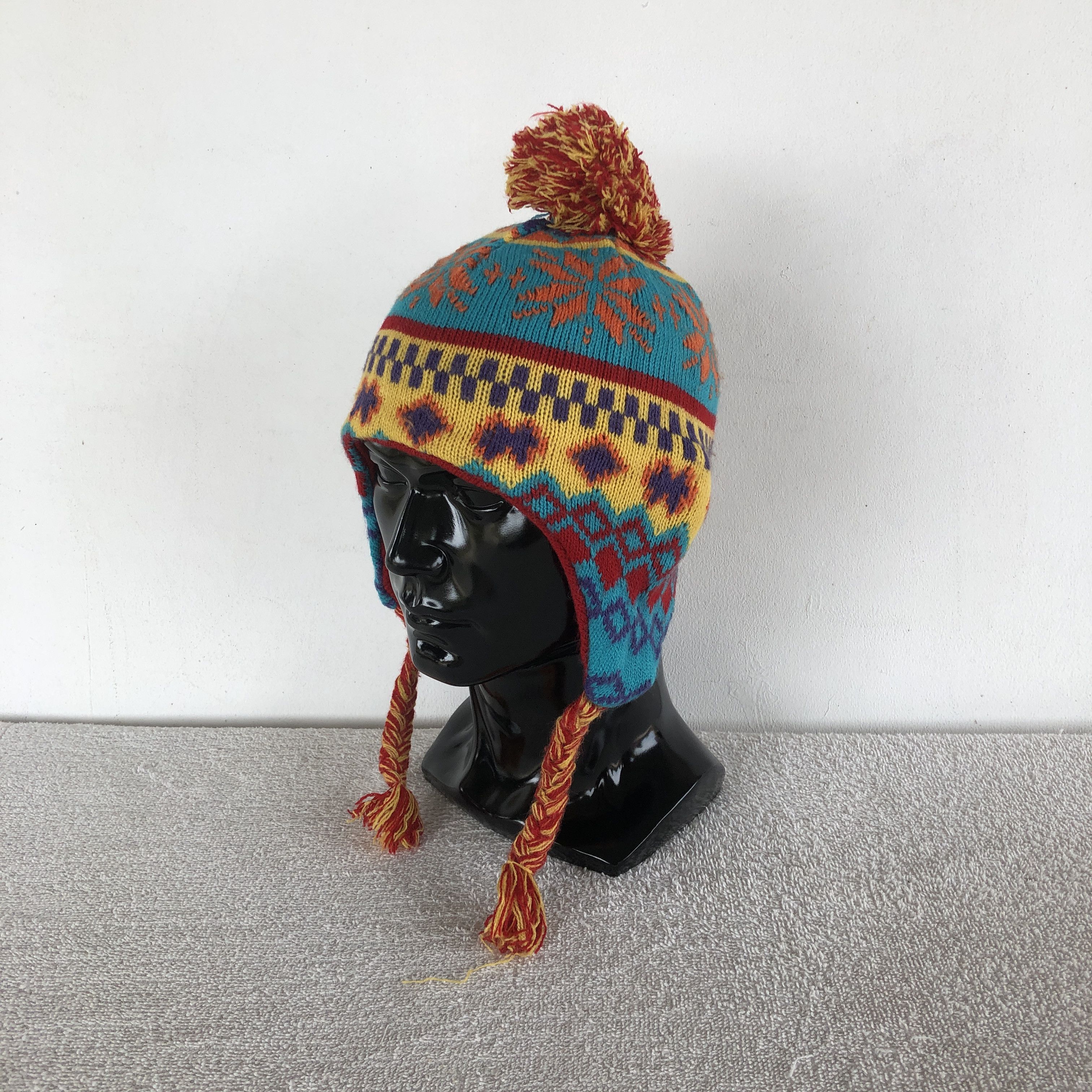 Japanese Brand × Other Vintage 90s Navajo Aztec Earflap Beanie Pom Snow Caps Hats Size ONE SIZE - 1 Thumbnail