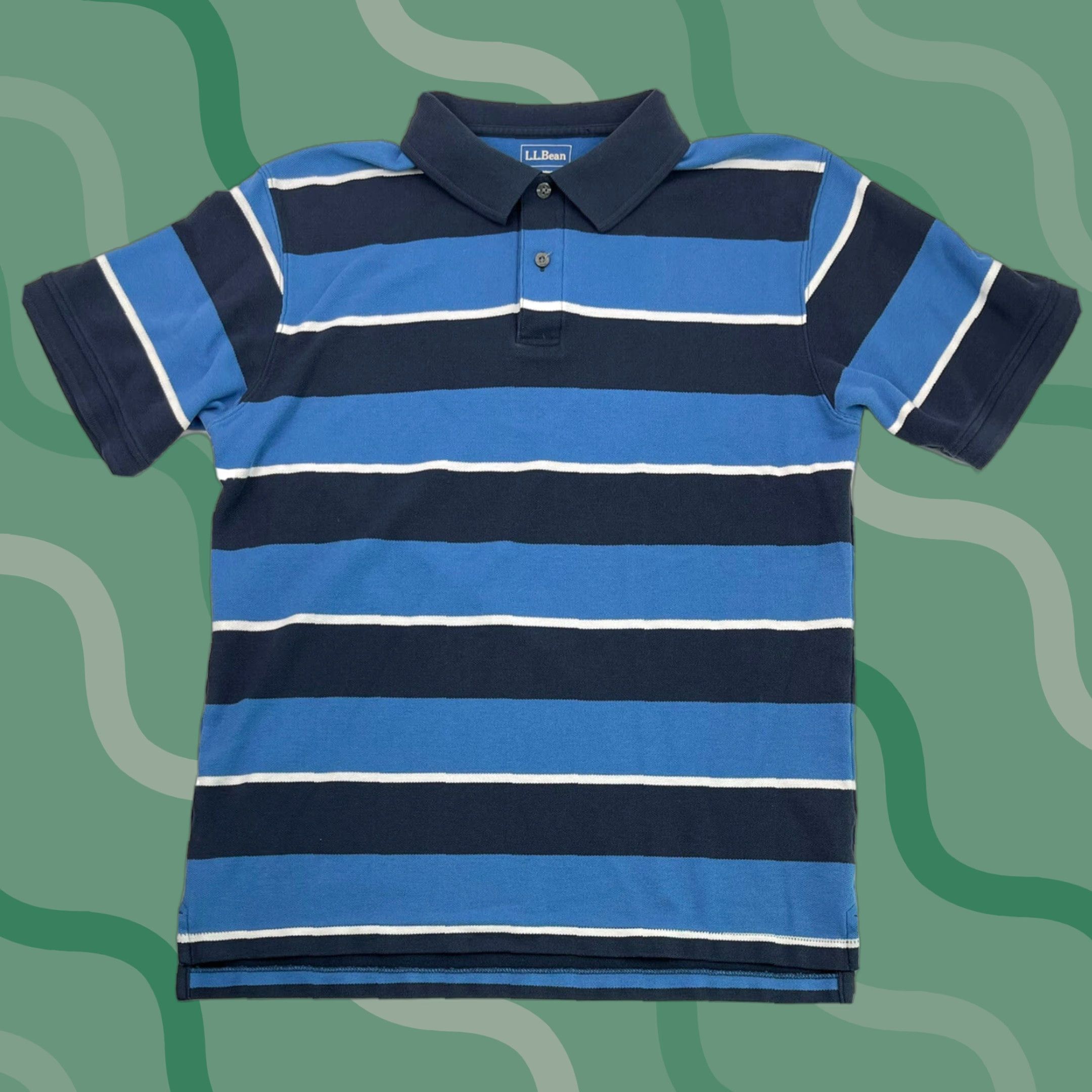 Vintage LL Bean Polo Shirt Men’s Short Sleeve Striped Cotton Button-Front Casual Regular Size M Navy Light Blue White 90s USA Mens Size US M / EU 48-50 / 2 - 1 Thumbnail