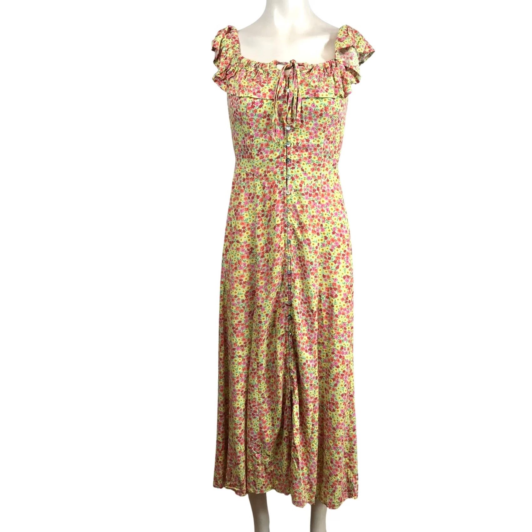 Vintage DRESS FORUM Floral Midi Dress Square Neck Ruffle Sleeve Smocked Back Yellow S Womens Size S / US 4 / IT 40 - 2 Thumbnail