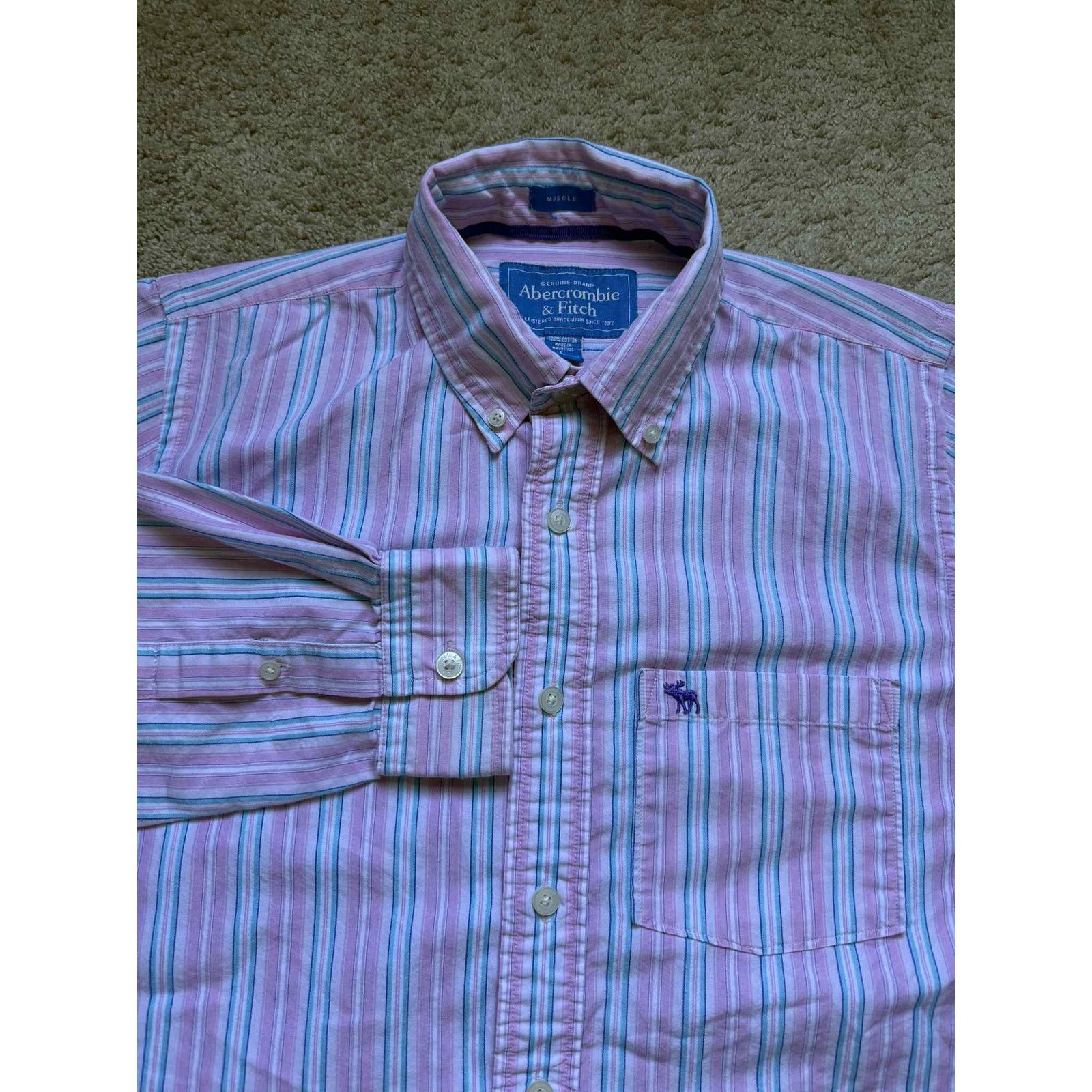 Abercrombie & Fitch Abercrombie & Fitch Muscle Striped Button-Down Shirt Pink L Size US L / EU 52-54 / 3 - 1 Thumbnail