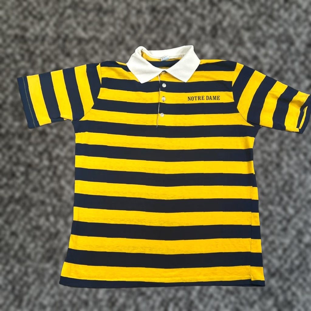 VINTAGE Champion Shirt XL 1970s Notre Dame University Polo Blue Striped Mens