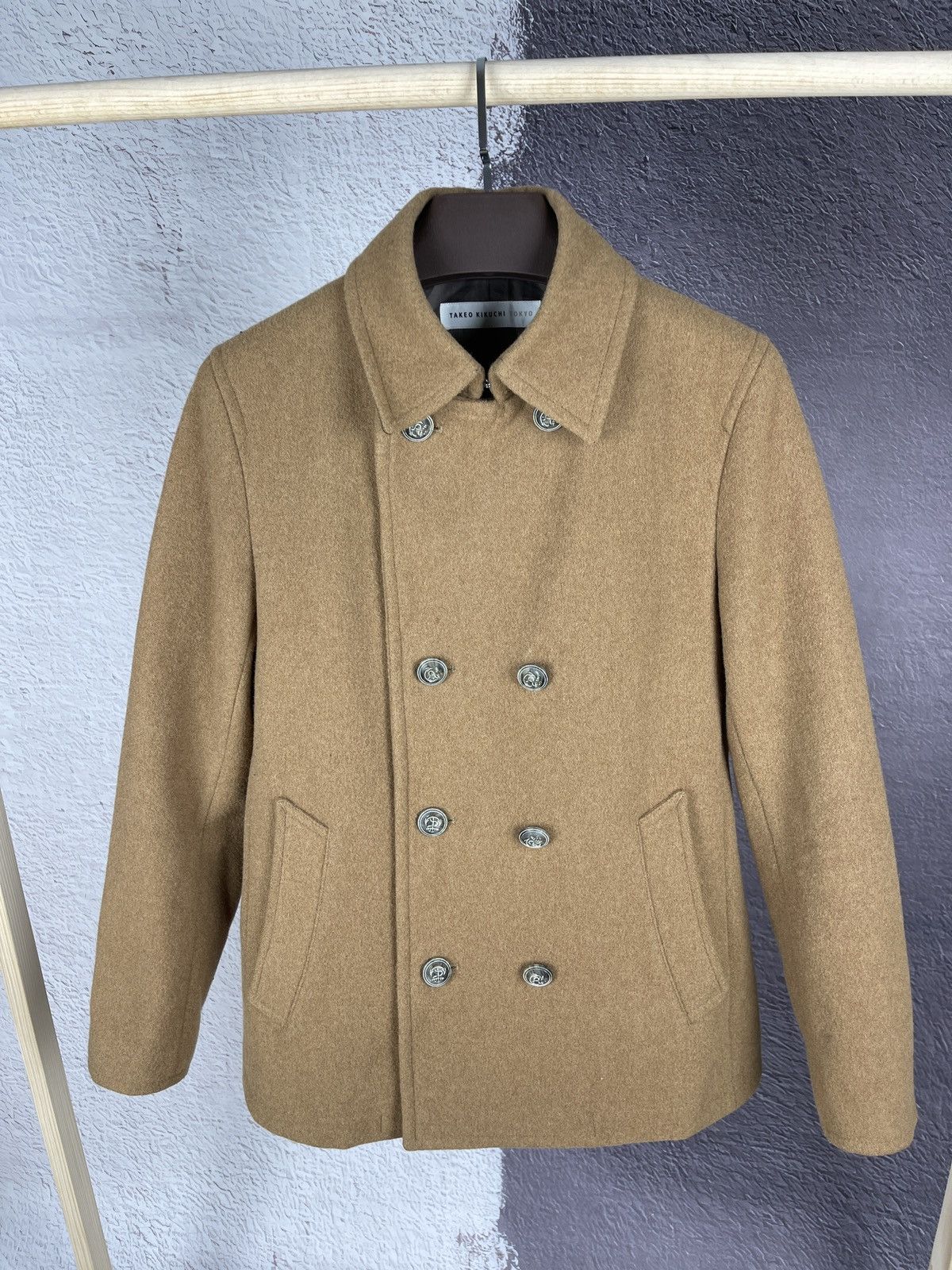 Japanese Brand Takeo Kikuchi Tokyo beige double breasted wool pea coat Size US L / EU 52-54 / 3 - 3 Thumbnail