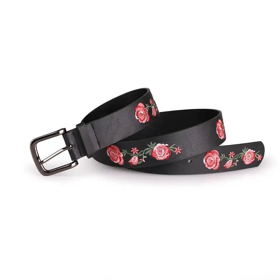Leather Flora Rose Embroider Belt Size ONE SIZE - 1 Thumbnail