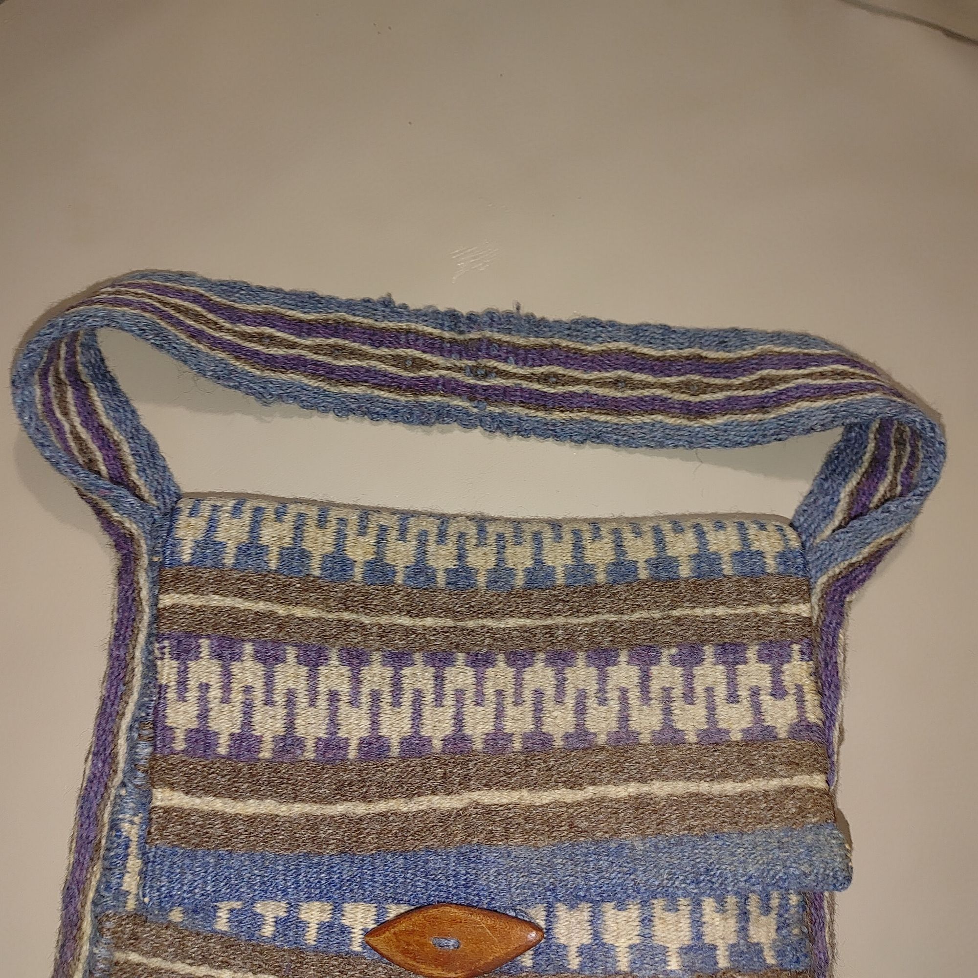 Other Handwoven Wool Shoulder Bag Blue White Brown Stripes Wood Bu Size ONE SIZE - 9 Thumbnail