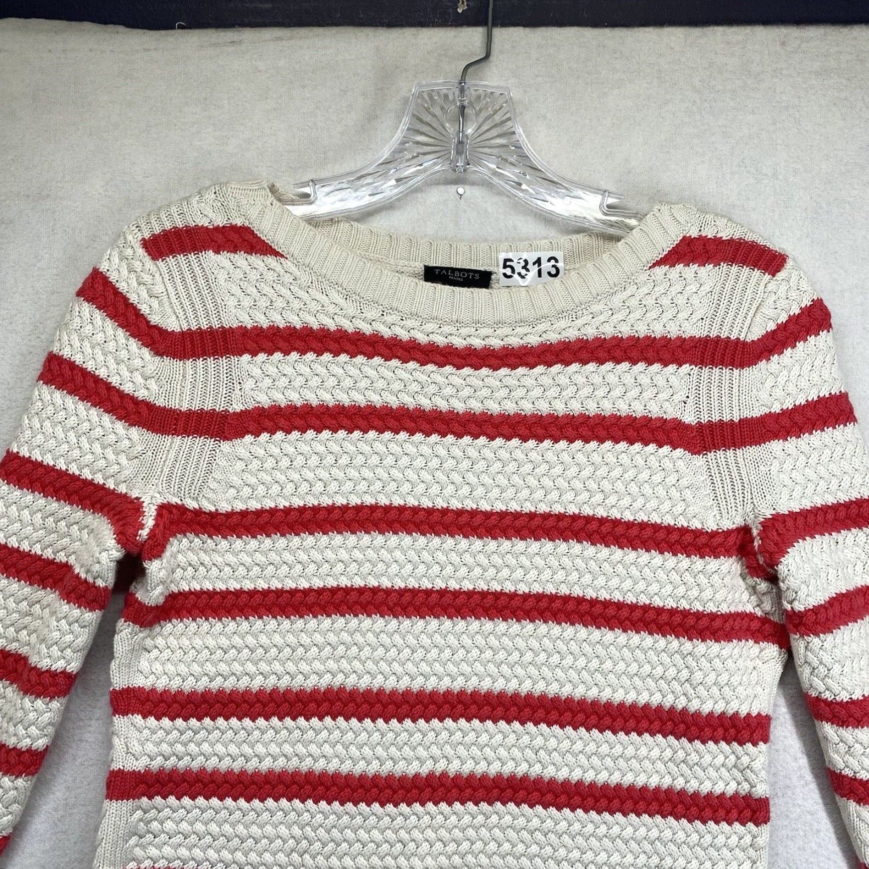 Talbots Talbots Women’s Sweater Red & White Striped Cable Knit Petite Thick Knit Womens Size S / US 4 / IT 40 - 3 Thumbnail