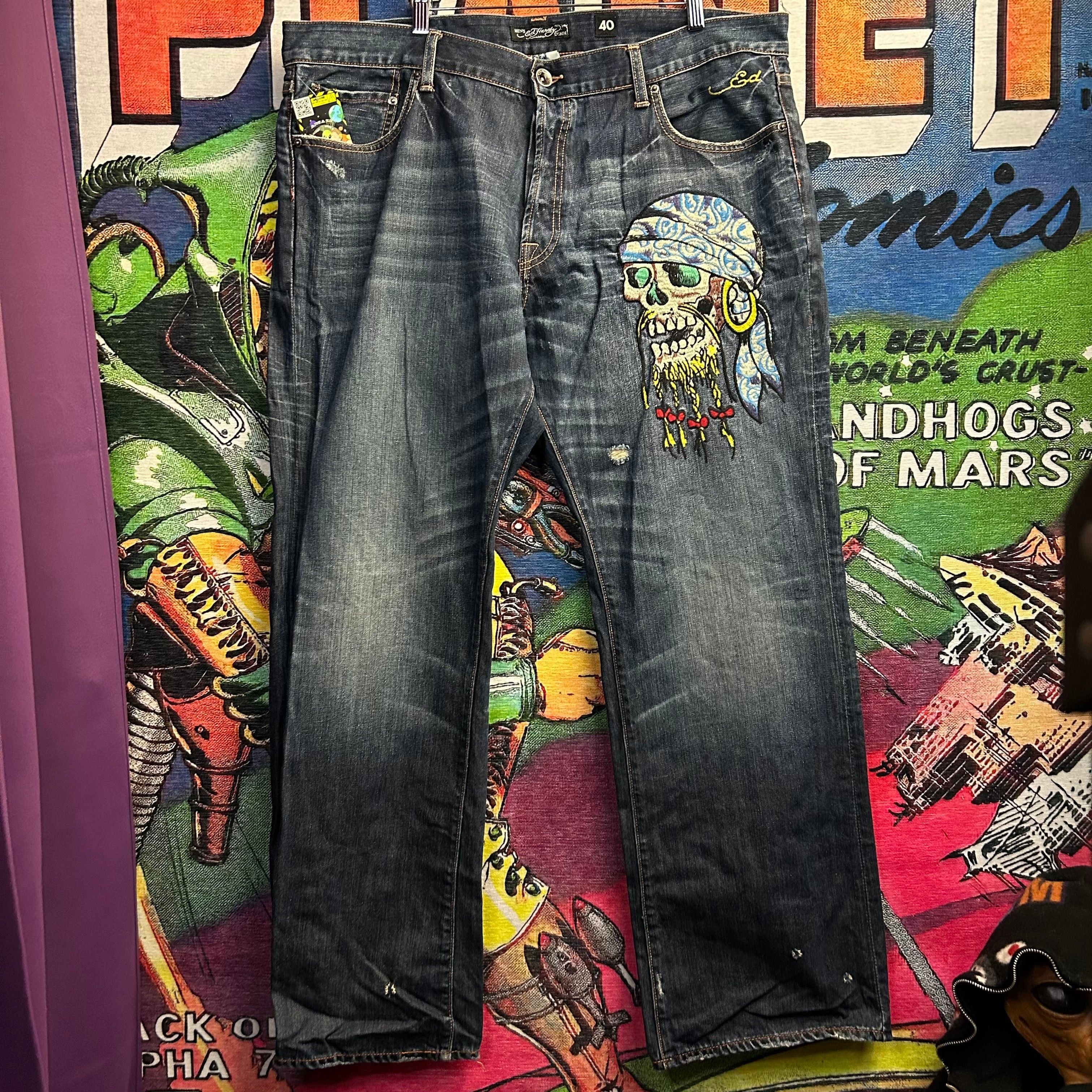 image of Y2K Ed Hardy Embroidery Pirate Skull Distressed Jean Size 40 in Blue, Men's