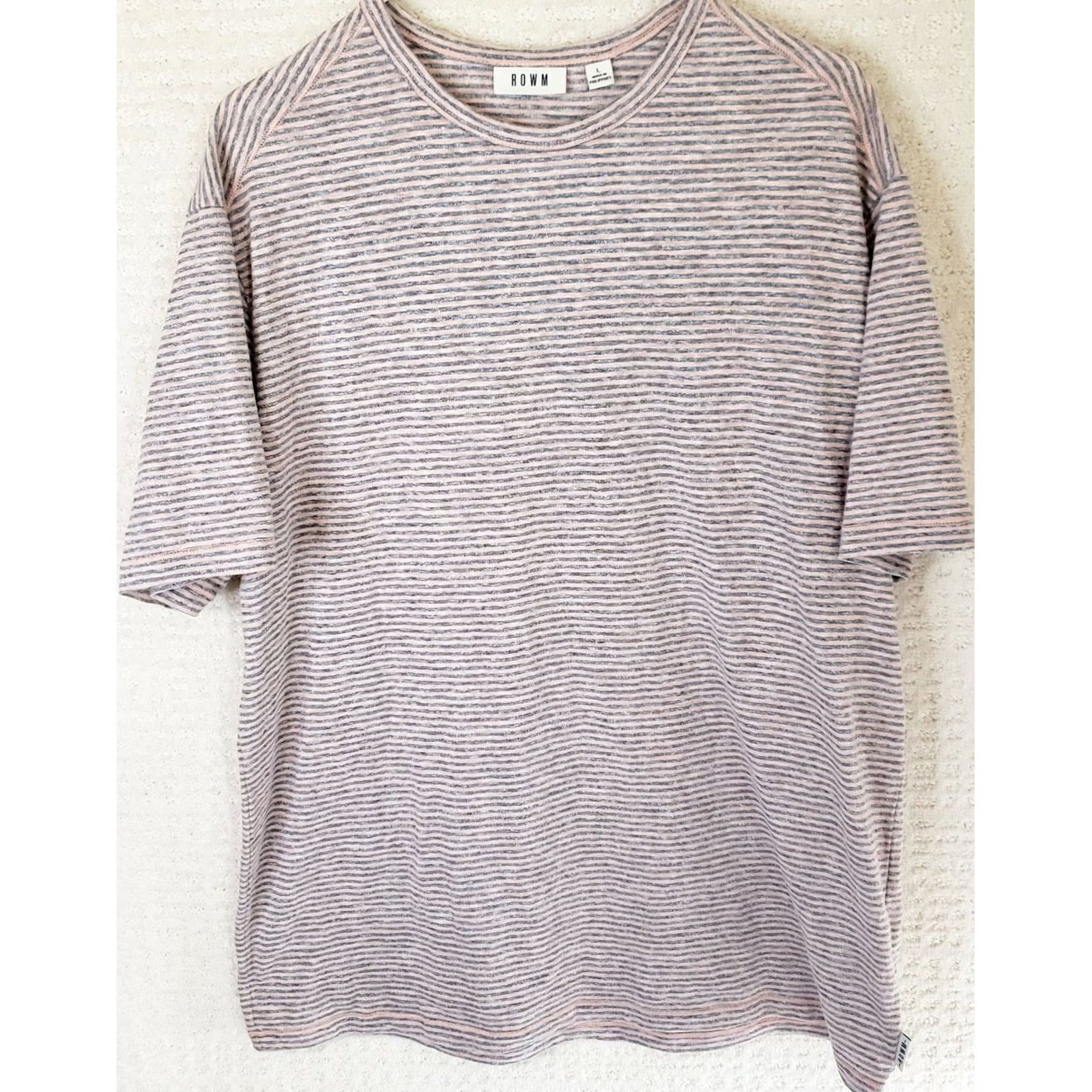 Vintage ROWM Shirt Men L Gray Peach Striped Crew Neck Short Sleeve Cotton Knit T-Shirt, Regular, All Seasons, Easy Care, Rowm Labels & Logos Size US L / EU 52-54 / 3 - 2 Thumbnail