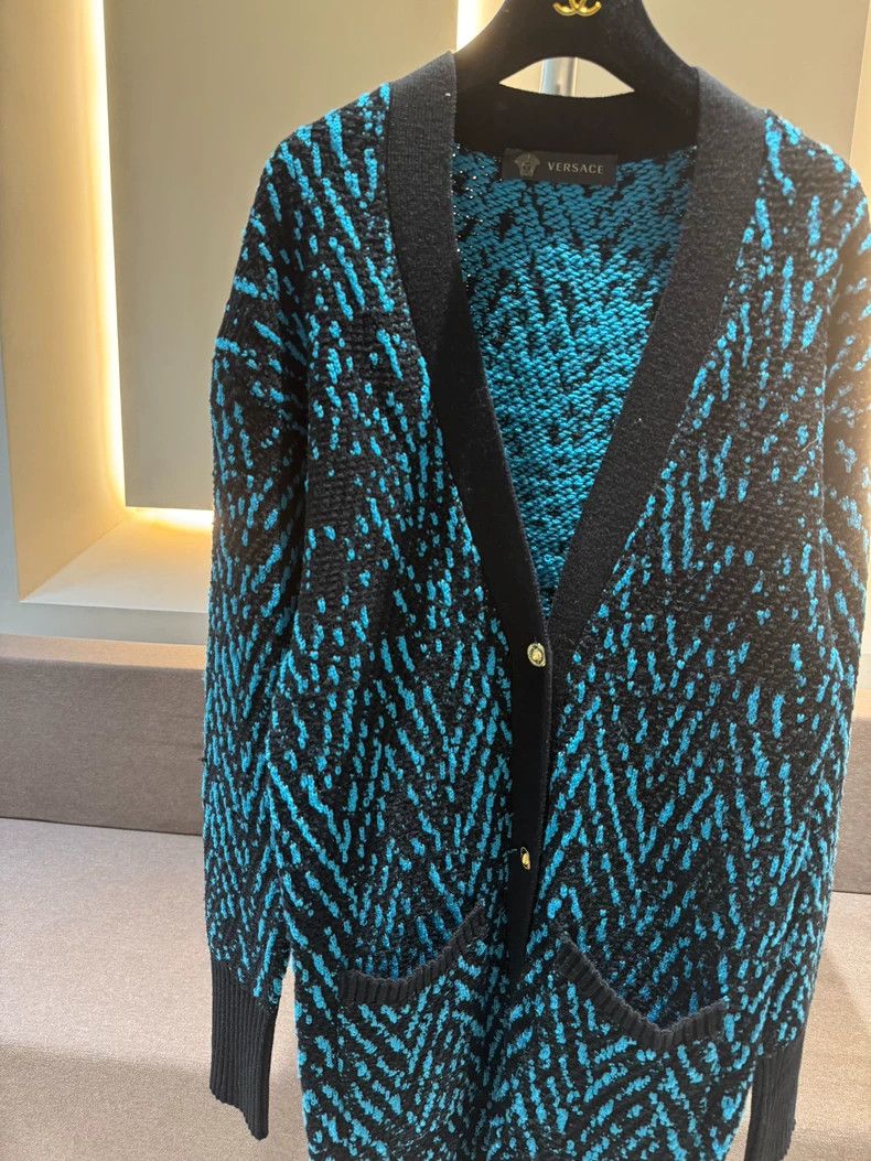 Versace Versace Blue and black patterned long wool cardigan button Size L / US 10 / IT 46 - 2 Thumbnail