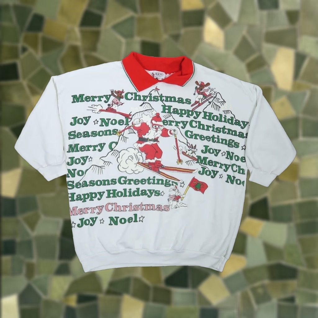 VINTAGE Santa Claus skiing Christmas sweatshirt 18W White red green 80s pullover Womens Christmas Ski 80s