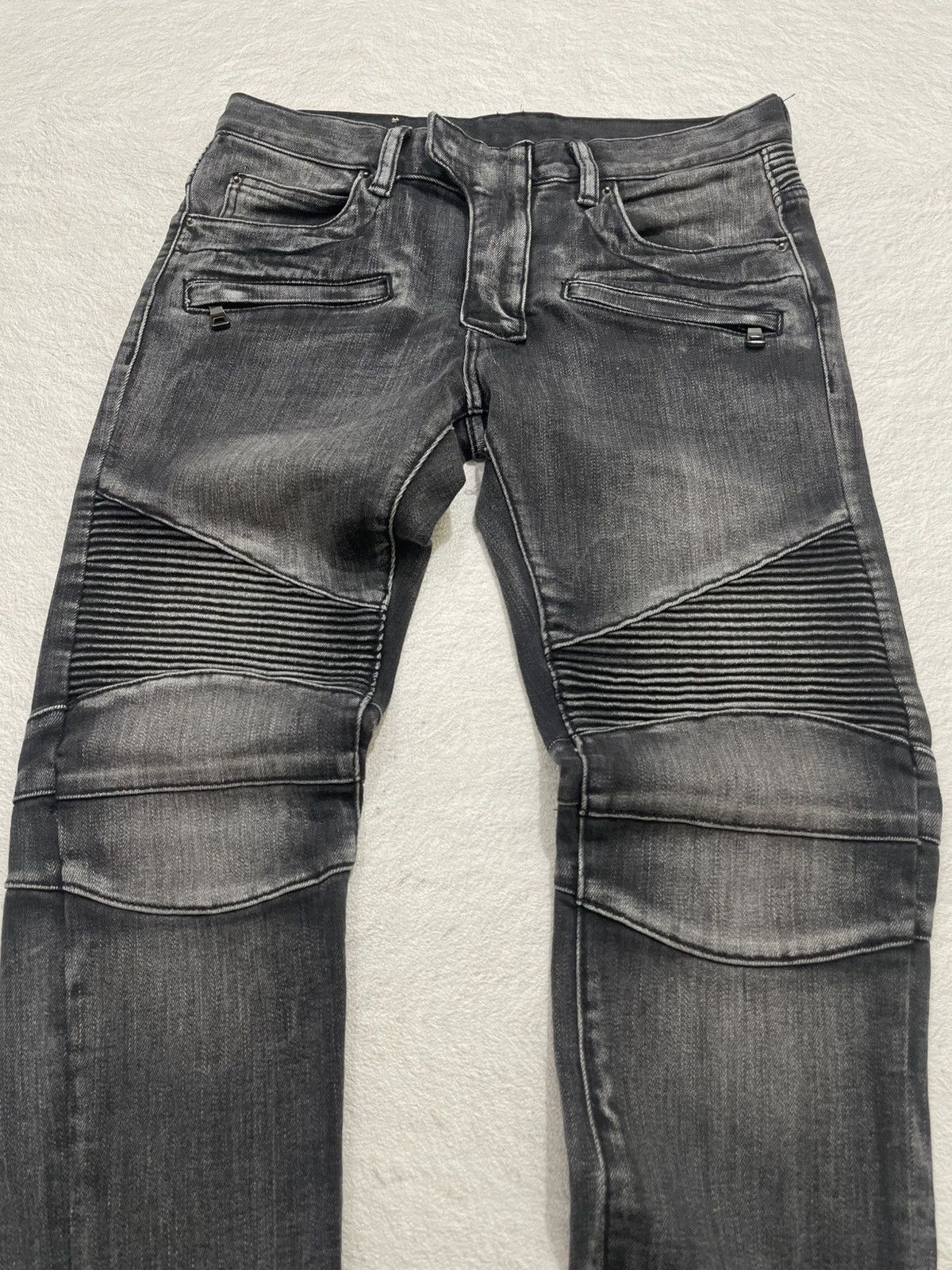 Japanese Brand Black washed biker denim jeans ribbed knee panel zipper Size US 31 - 2 Thumbnail