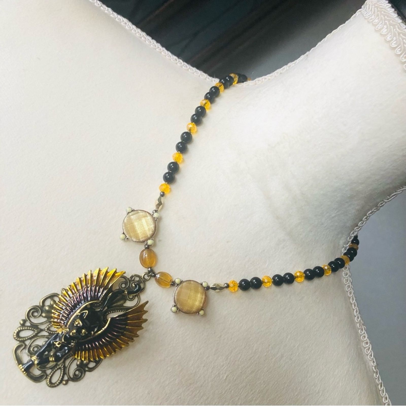 Handmade Handcrafted repurpose enamel Egyptian cat Pearl necklace Size ONE SIZE - 1 Thumbnail