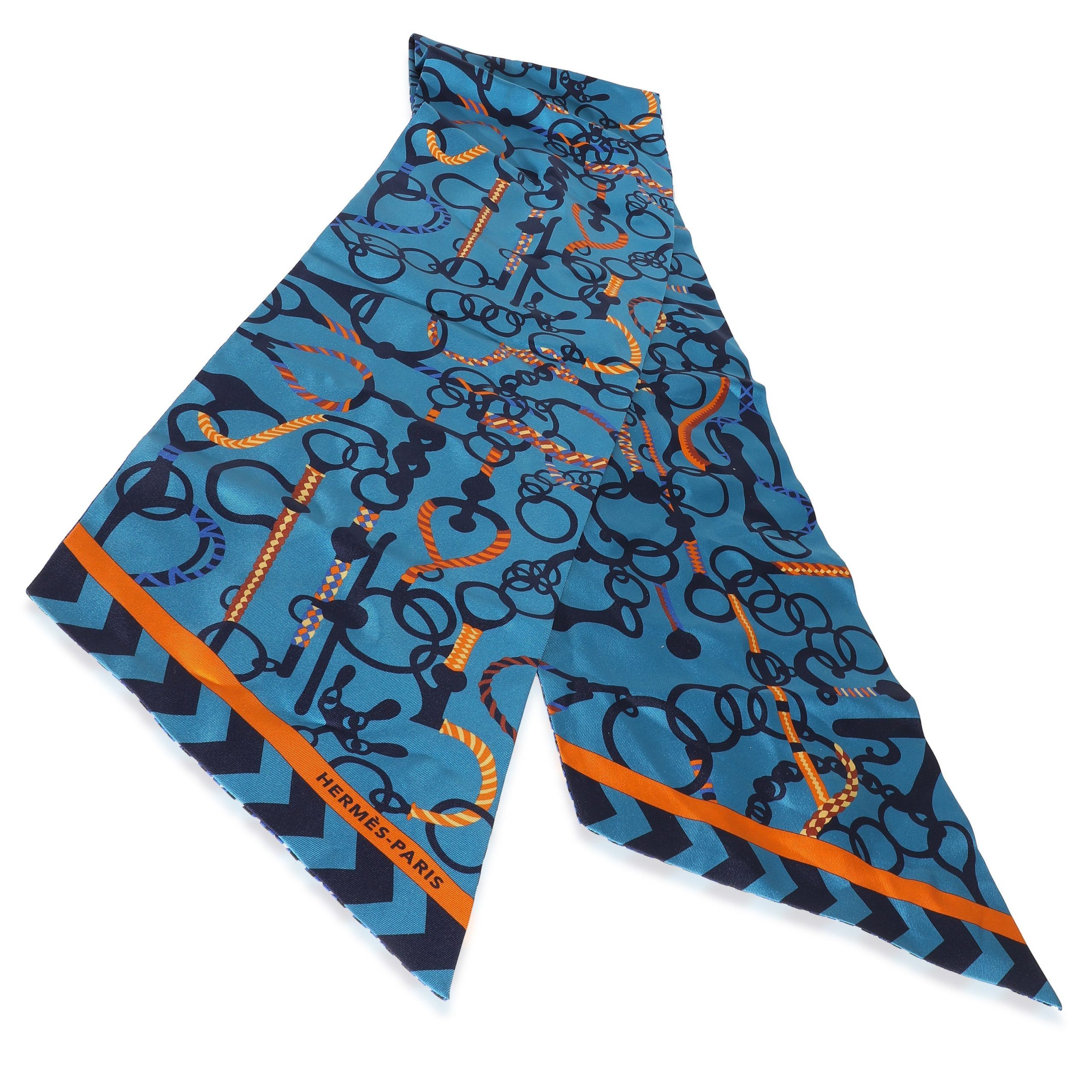 image of Hermes Blue Orange Silk Mors Et Tresses Maxi Twilly Cut, Women's