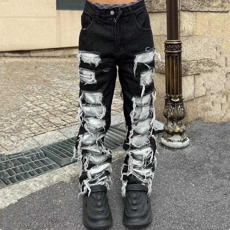 image of Distressed Denim Black Color Ropa Grunge Y2K Streetwear Stacked Ripped Jeans, Men's (Size 34)