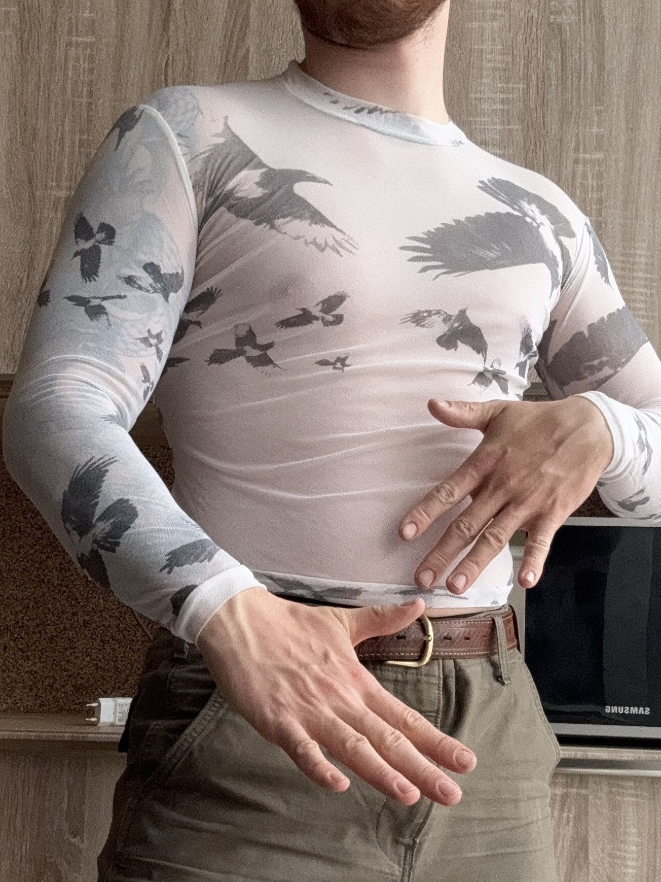 Dexter Wong Dexter Wong Avant-Garde Mesh Top Crow Print Long Sleeve Size US M / EU 48-50 / 2 - 2 Thumbnail