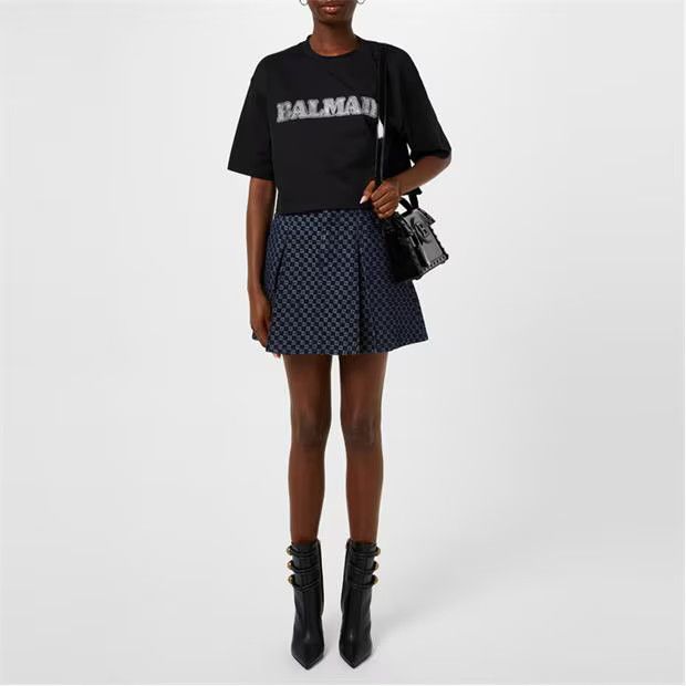 Balmain o1g2r1mq0924 Monogram Pleated Mini Skirt in Blue Size 27" / US 4 / IT 40 - 6 Thumbnail
