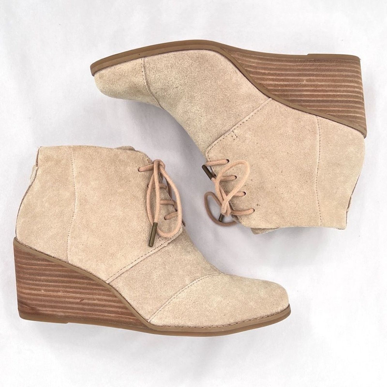 Toms Toms Hyde Suede Leather Creamy Tan Lace Up Wedge Heel Ankle Size US 8 / IT 38 - 4 Thumbnail