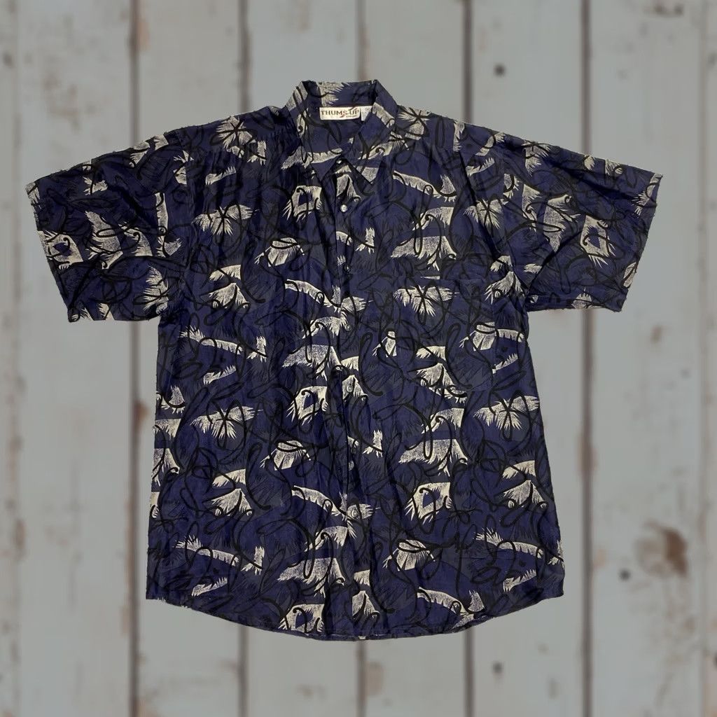 Vintage VINTAGE Thums Up For Him Shirt Button Up Silk Medium Blue Short Sleeve Disco Abstract Mens Size US M / EU 48-50 / 2 - 1 Thumbnail