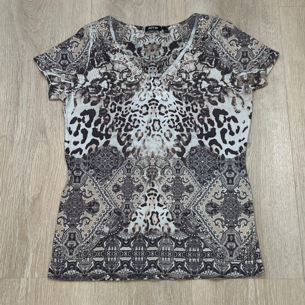 Apt. 9 Apt. 9, Animal Print Short Sleeve T-Shirt, Jeweled Neckline, Size S / US 4 / IT 40 - 12 Thumbnail