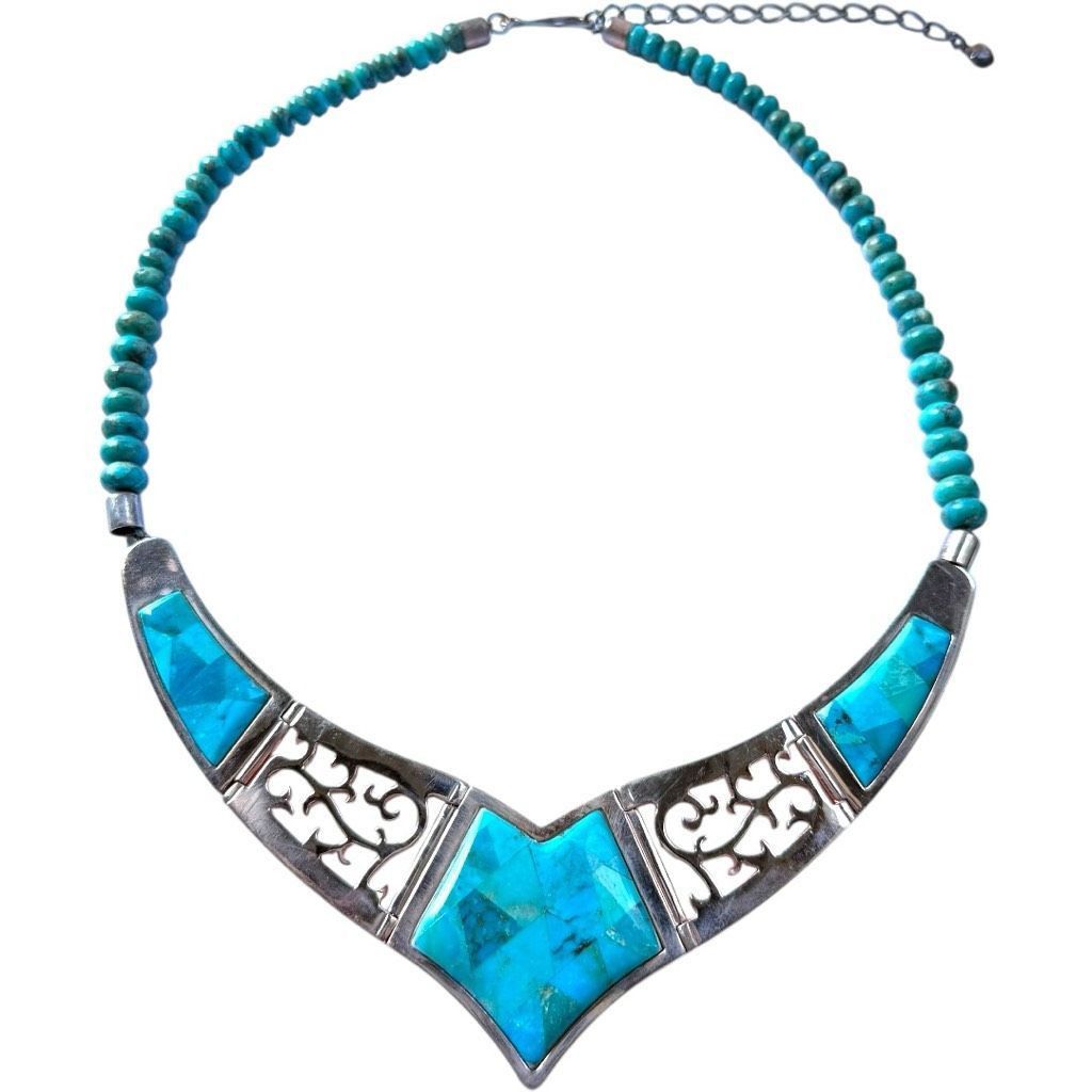 Vintage JAY KING DTR Mine Finds Genuine Turquoise Gemstone Copper Rose Gold Tone Bib Statement Necklace Designer Jewelry Size ONE SIZE - 12 Thumbnail