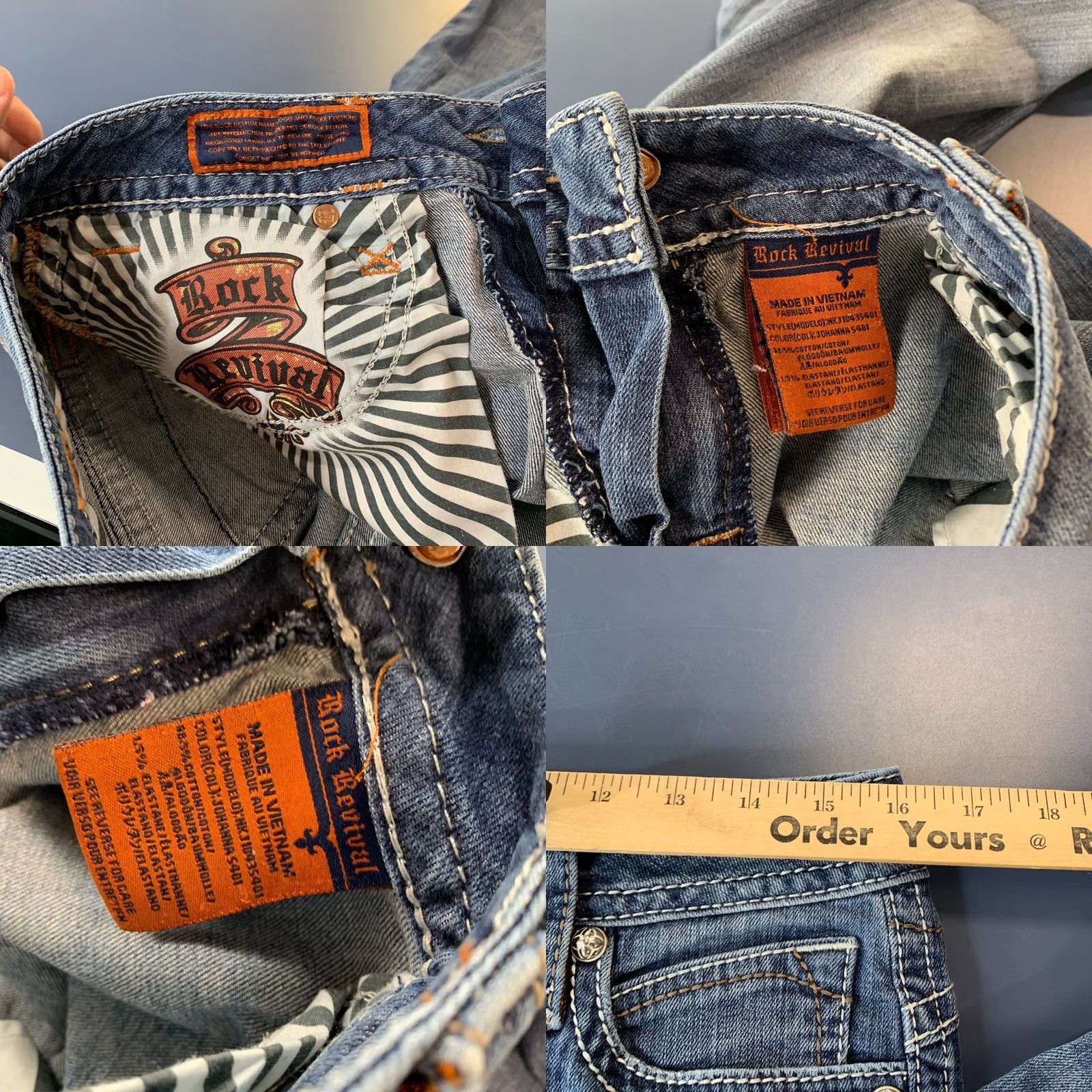 Vintage VINTAGE Rock Revival Skinny Jeans WOmens Size 29 SLim Blue Flap Pocket Fits 32x30 Denim Size 29" - 10 Thumbnail