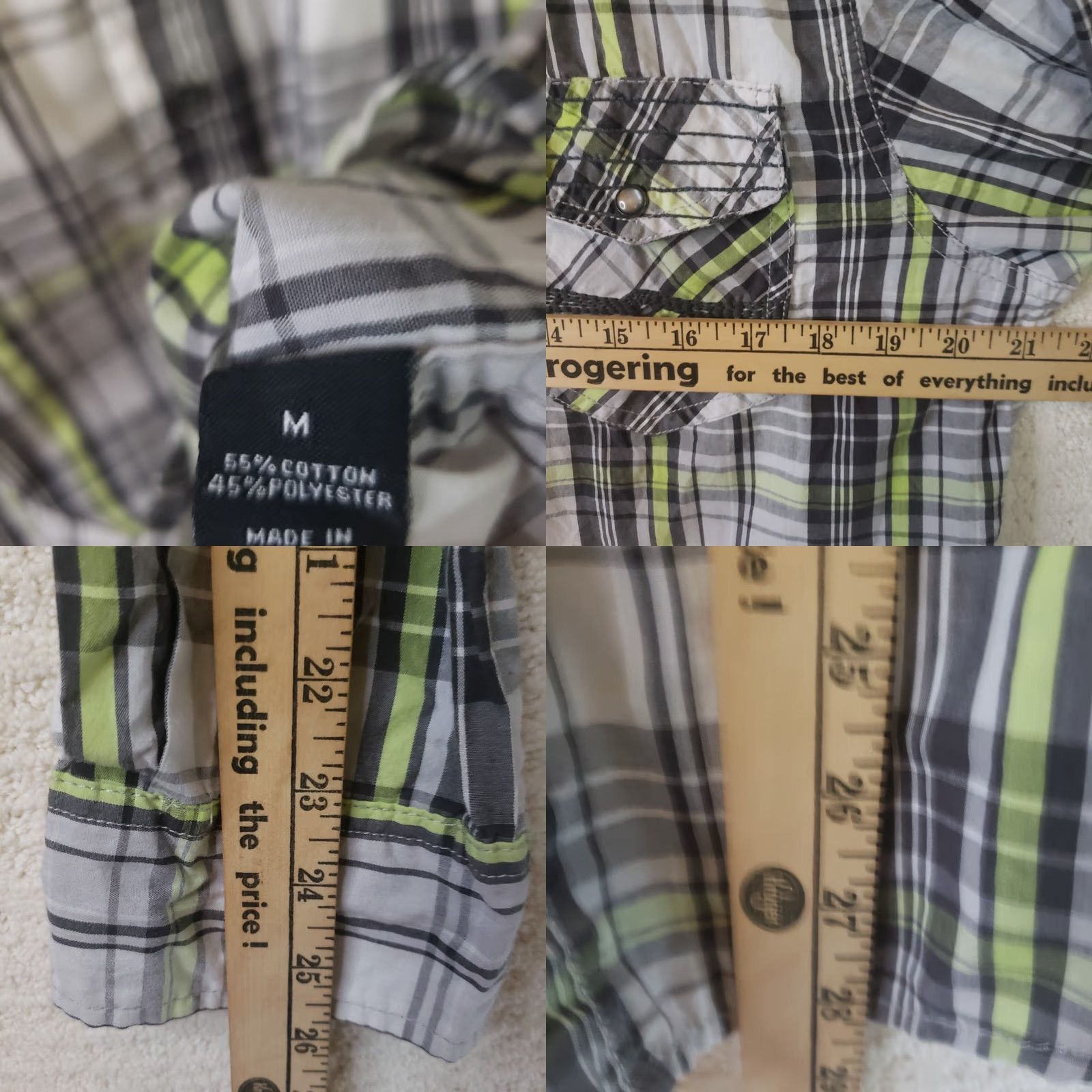 Carbon Carbon Men's M Button-Up Shirt Long Sleeve Plaid Grey Lime Multicolor Classic Fit Size US M / EU 48-50 / 2 - 9 Thumbnail