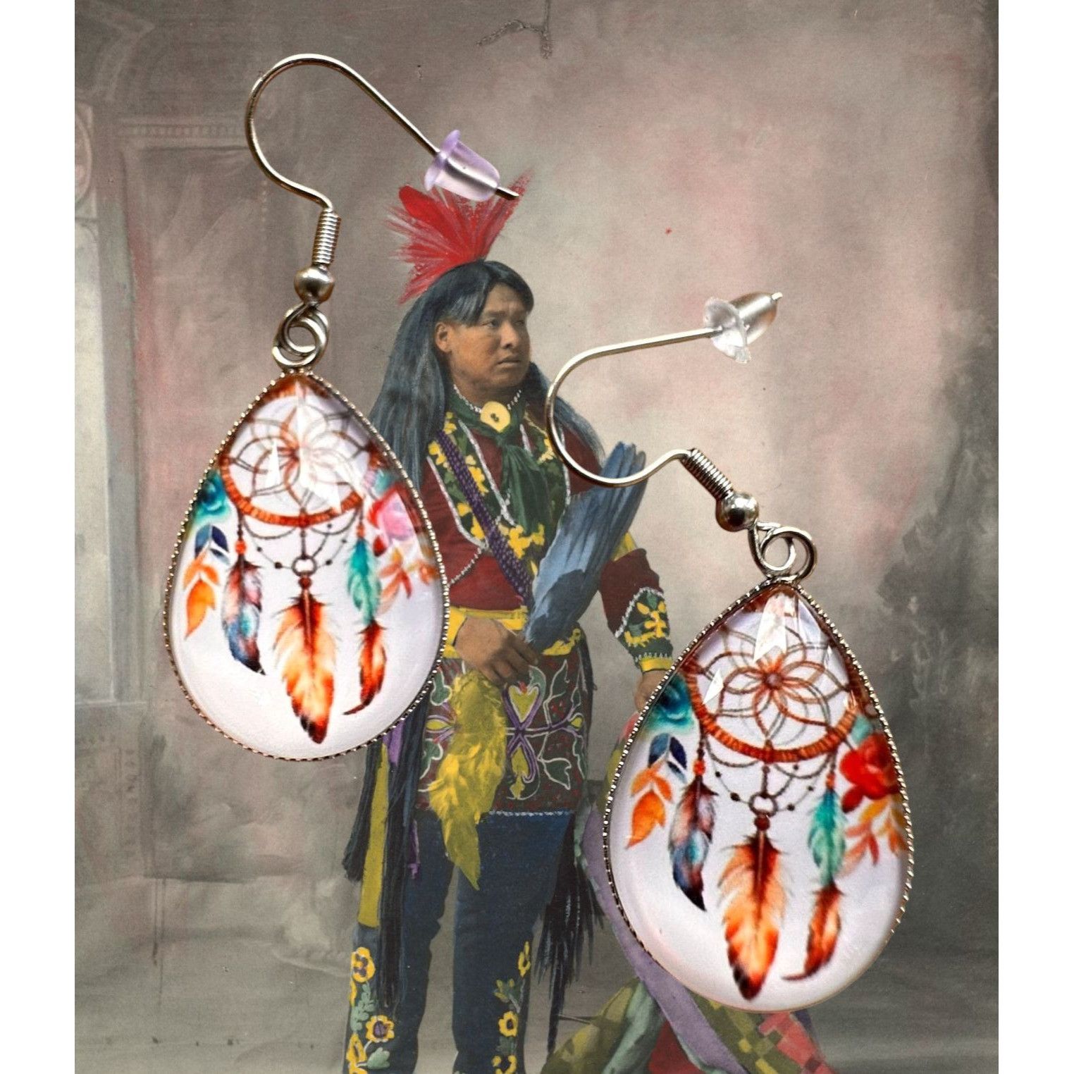 Handmade Native American Dreamcatcher Earrings New Teardrop Feathers Size ONE SIZE - 7 Thumbnail
