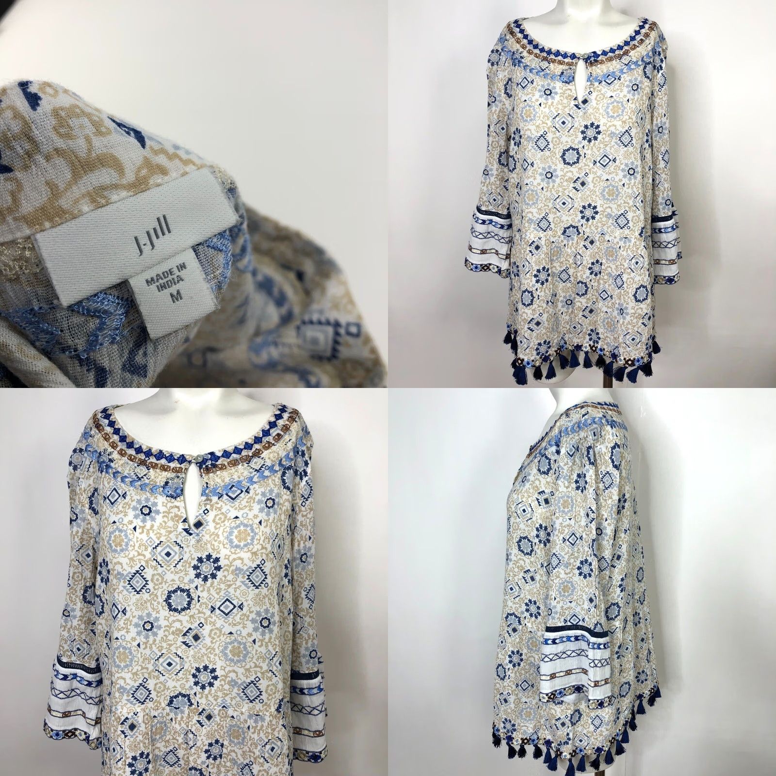 J. Jill J.Jill Blouse Shirt Tassel Boho Flowy All Over Print Button Top Pullover V-Neck Boat Neck MINT Multicolor Geometric Satin Size M / US 6-8 / IT 42-44 - 10 Thumbnail