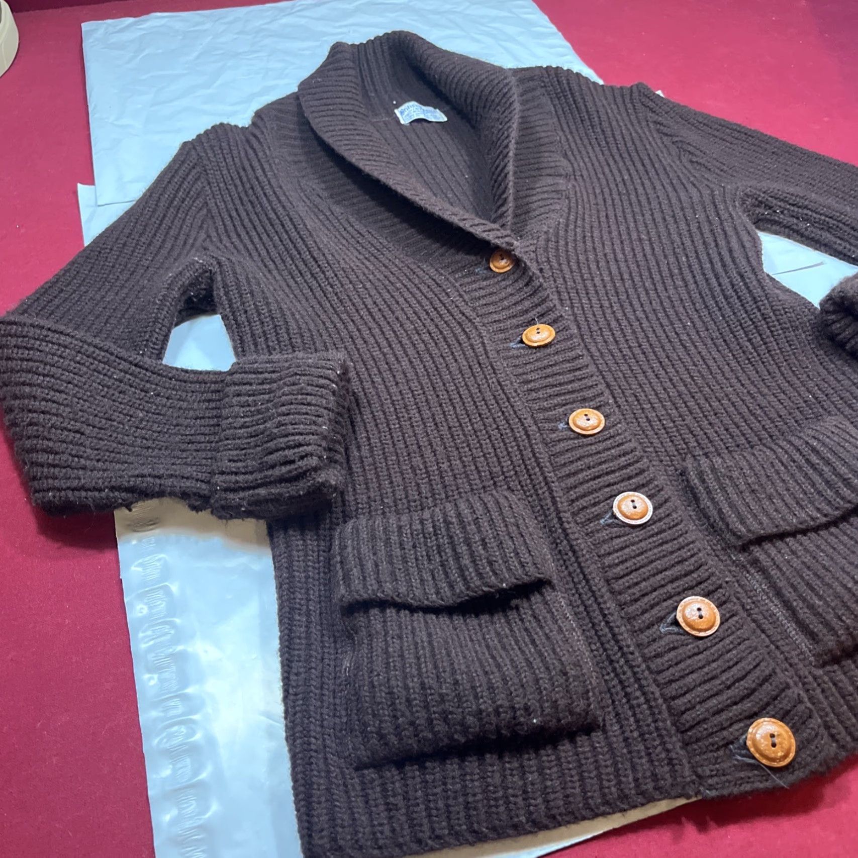 Vogue VINTAGE British Vogue Wintuk Cardigan Brown Chunky Knit - Button Front Pockets Cowl Neck L Womens Sweater Shirt (70’s) Size L / US 10 / IT 46 - 7 Thumbnail